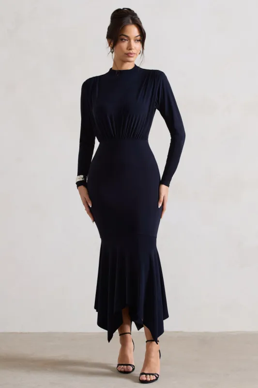 Carla | Navy High-Neck Midi Dress With Draped Hem sold by Club L London