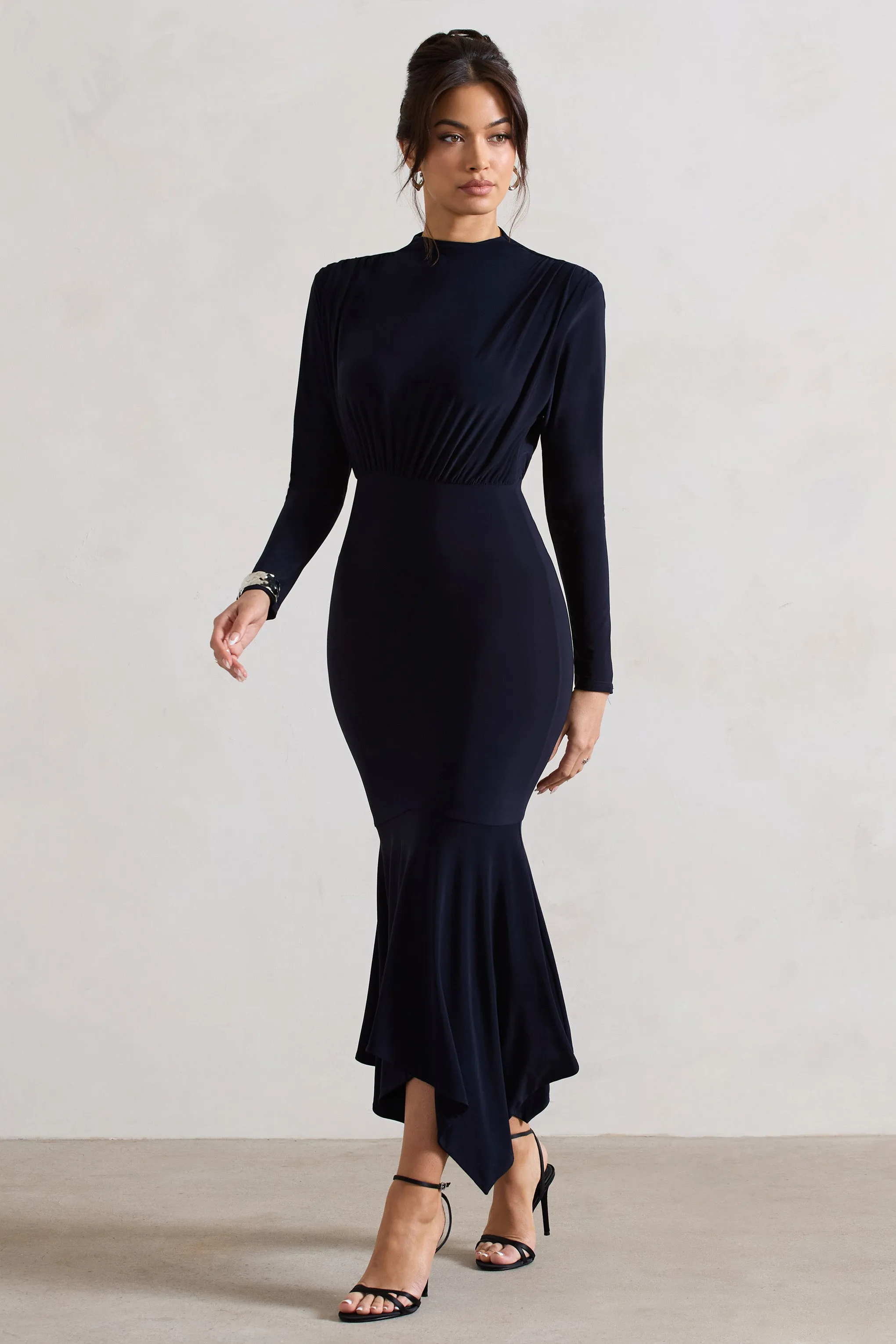 Carla | Navy High-Neck Midi Dress With Draped Hem sold by Club L London product image thumbnail 4