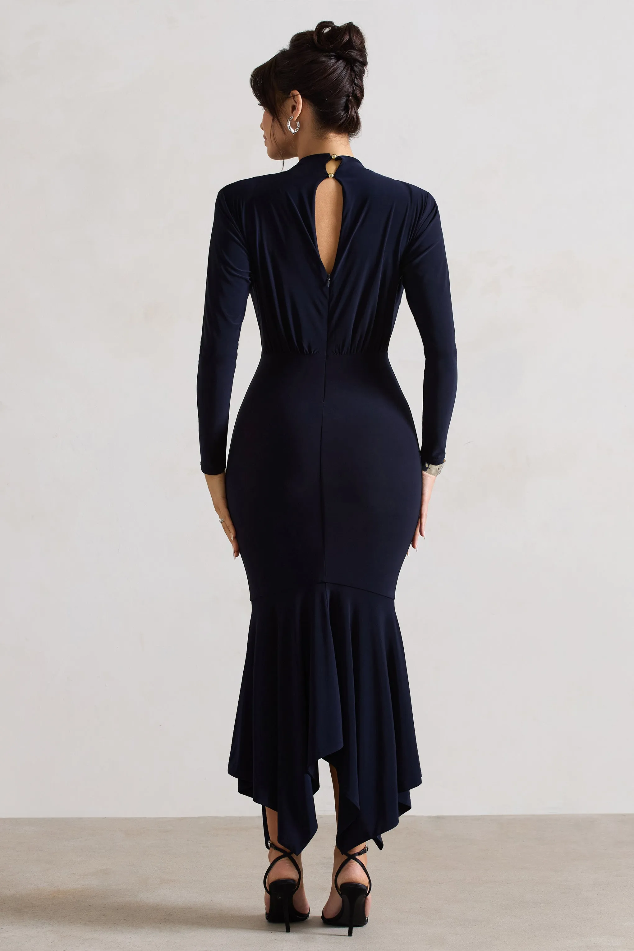 Carla | Navy High-Neck Midi Dress With Draped Hem sold by Club L London product image thumbnail 2