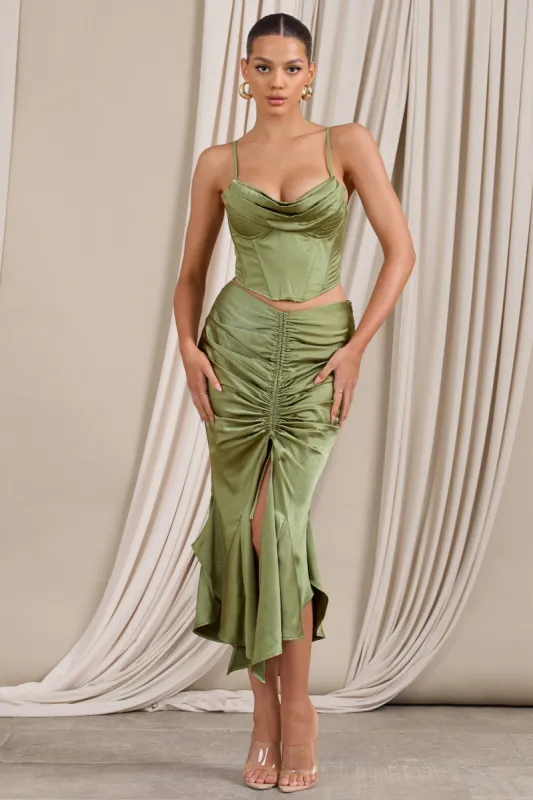Per Favore | Olive Satin Ruched Split Maxi Skirt sold by Club L London