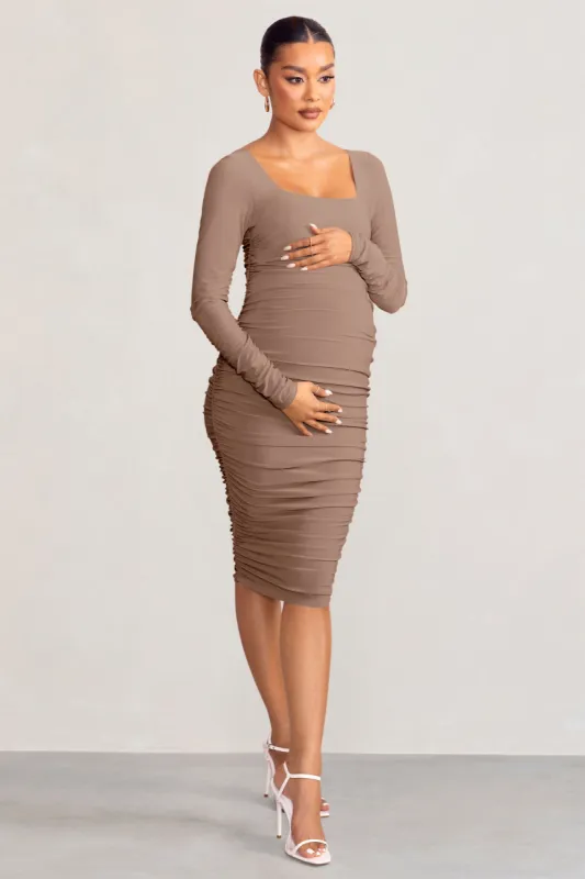 New Life | Mocha Maternity Square Neck Ruched Midi Dress sold by Club L London