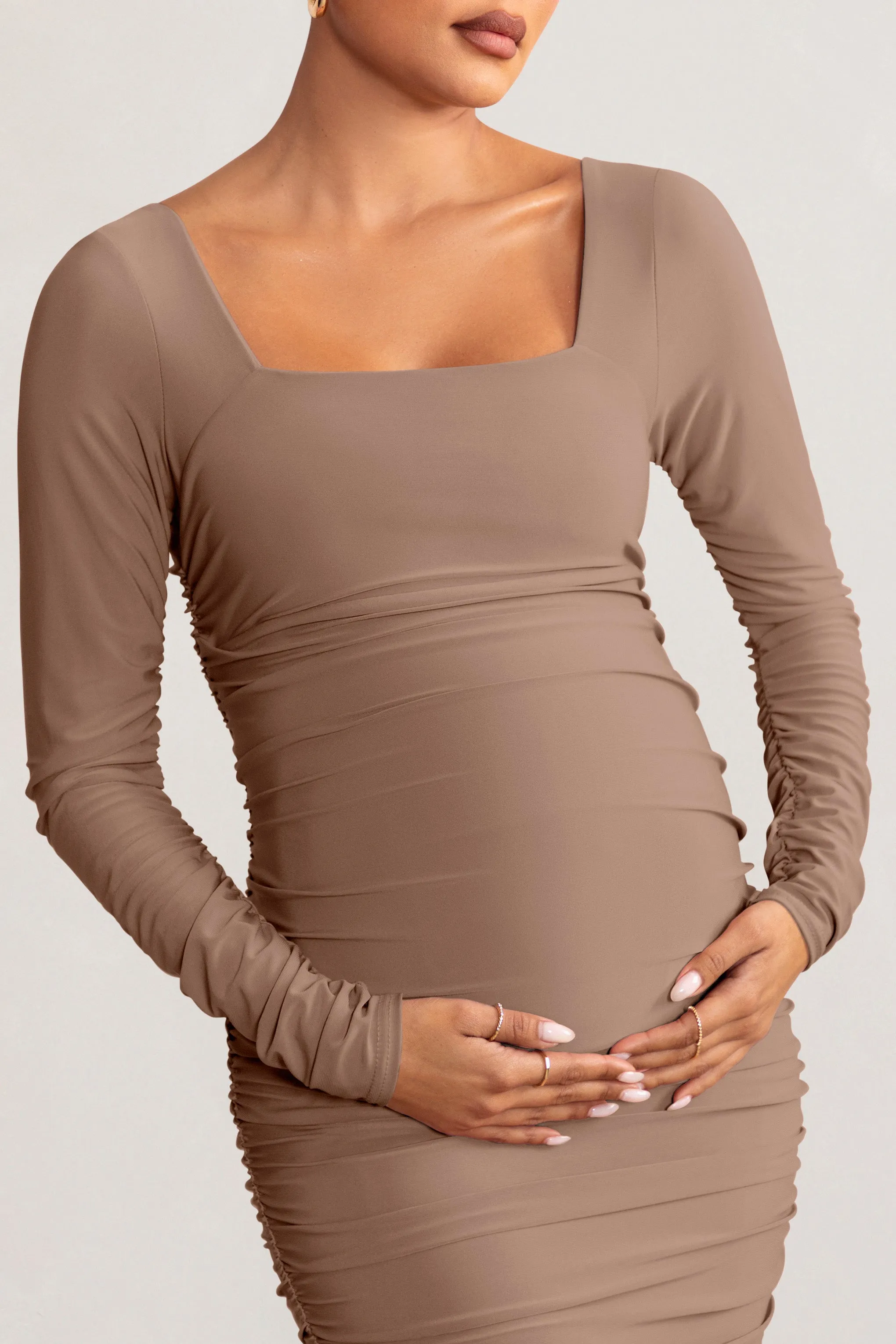 New Life | Mocha Maternity Square Neck Ruched Midi Dress sold by Club L London product image thumbnail 2