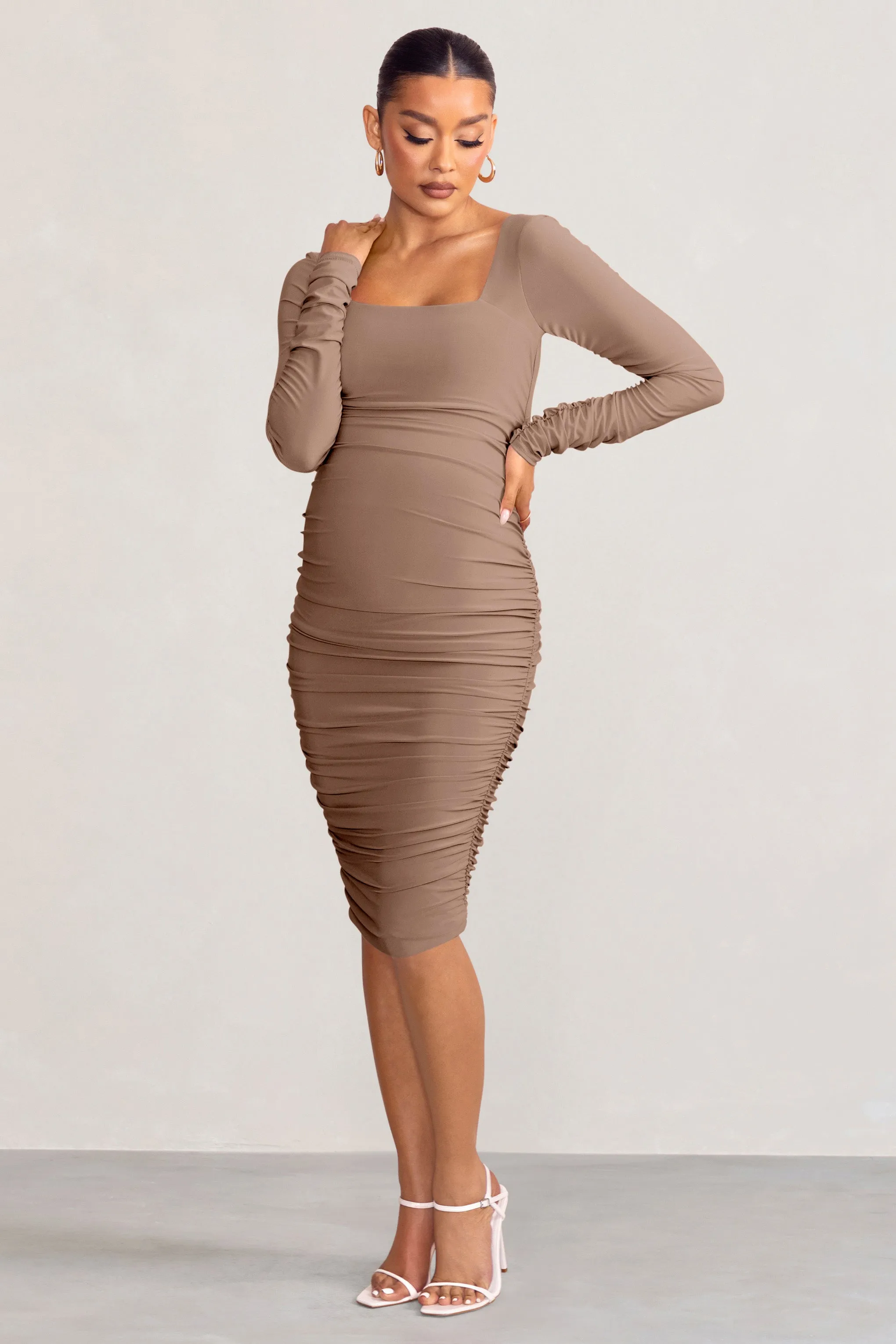 New Life | Mocha Maternity Square Neck Ruched Midi Dress sold by Club L London product image thumbnail 4