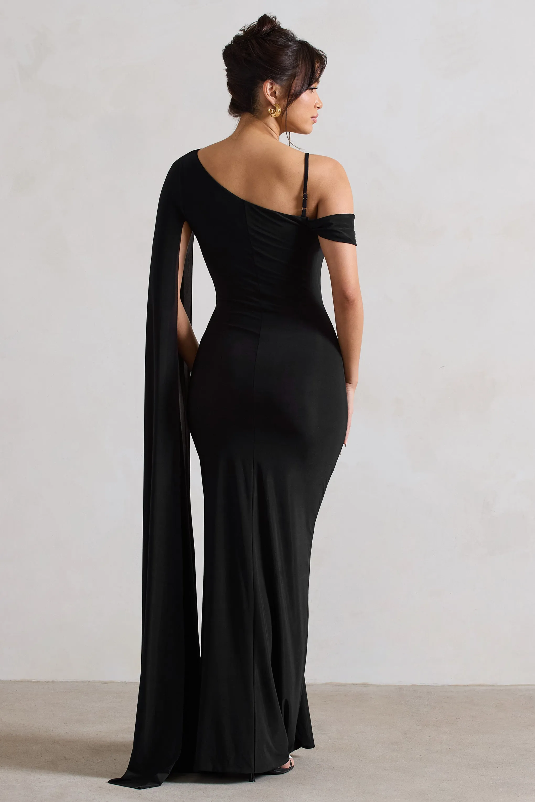 Pedra | Black One Shoulder Cape Sleeve Draped Maxi Dress sold by Club L London product image thumbnail 2