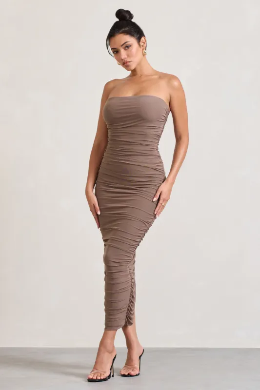 My Lady | Mocha Strapless Bodycon Ruched Mesh Maxi Dress sold by Club L London
