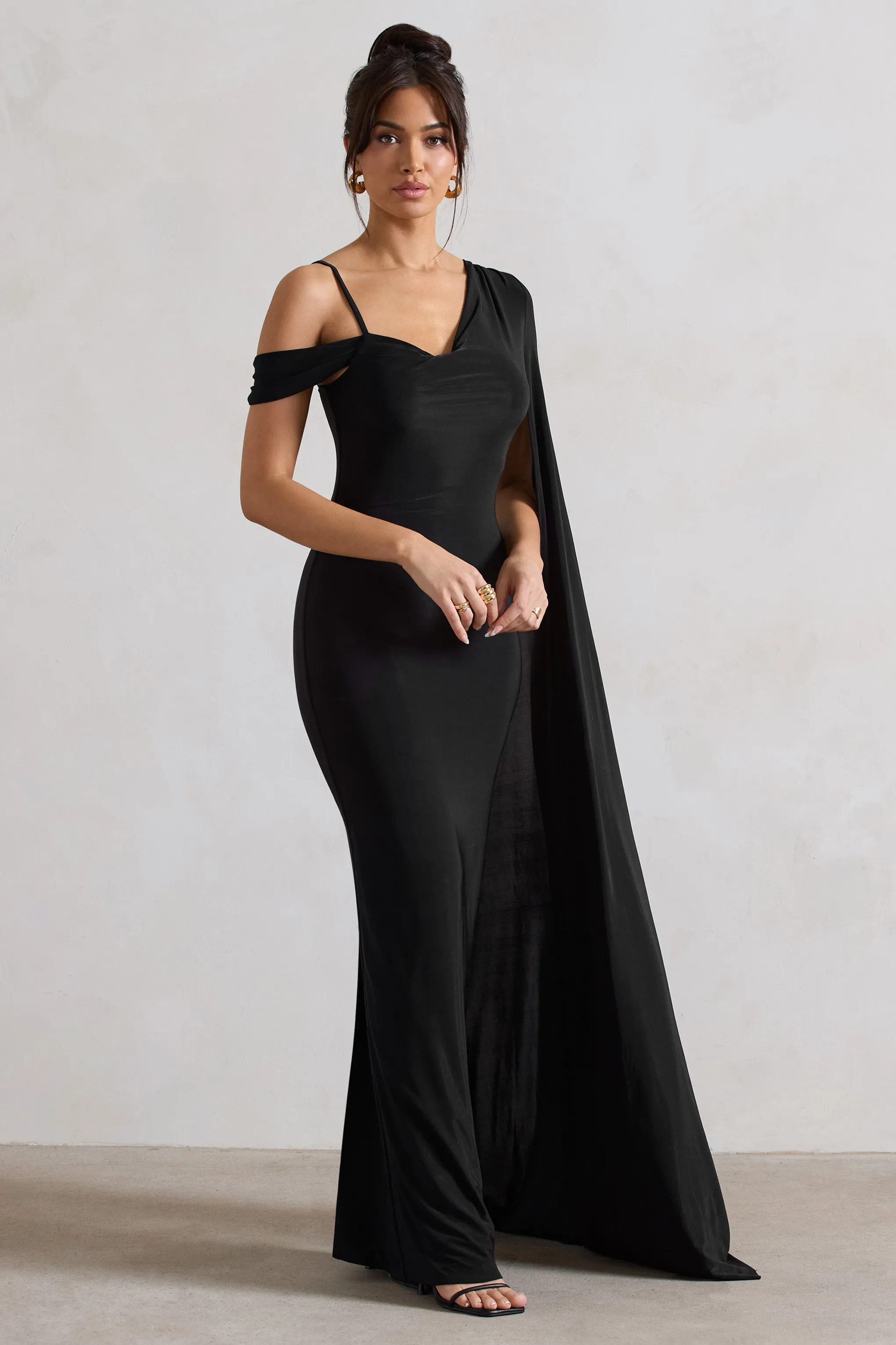 Pedra | Black One Shoulder Cape Sleeve Draped Maxi Dress sold by Club L London product image thumbnail 5