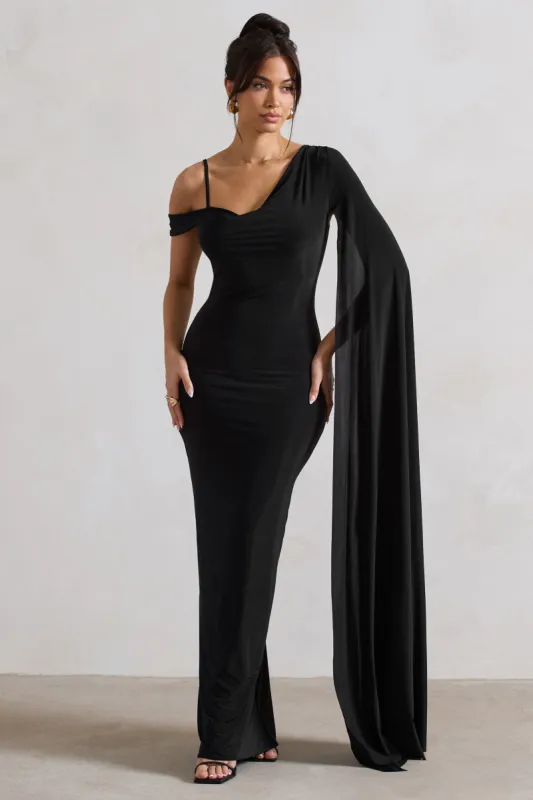 Pedra | Black One Shoulder Cape Sleeve Draped Maxi Dress sold by Club L London