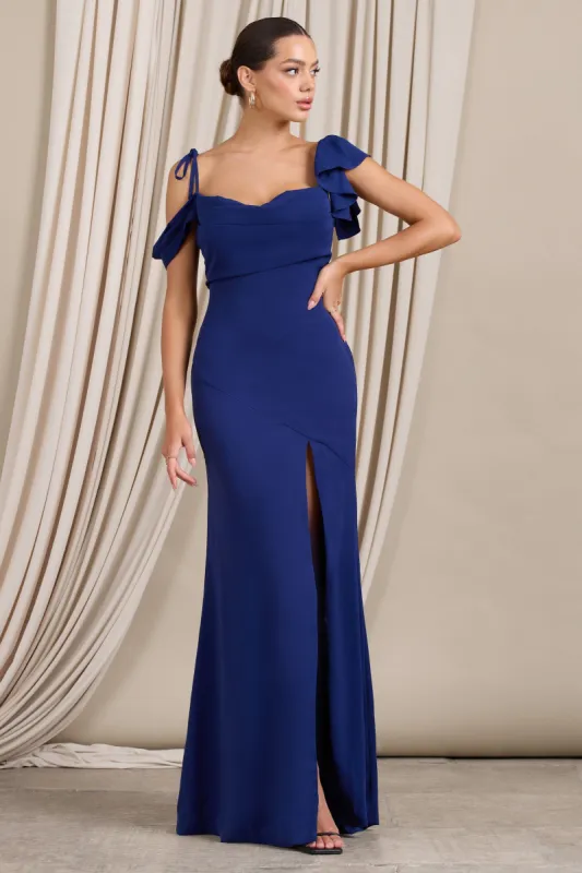 Merlot | Navy Asymmetric Draped Split Maxi Dress sold by Club L London