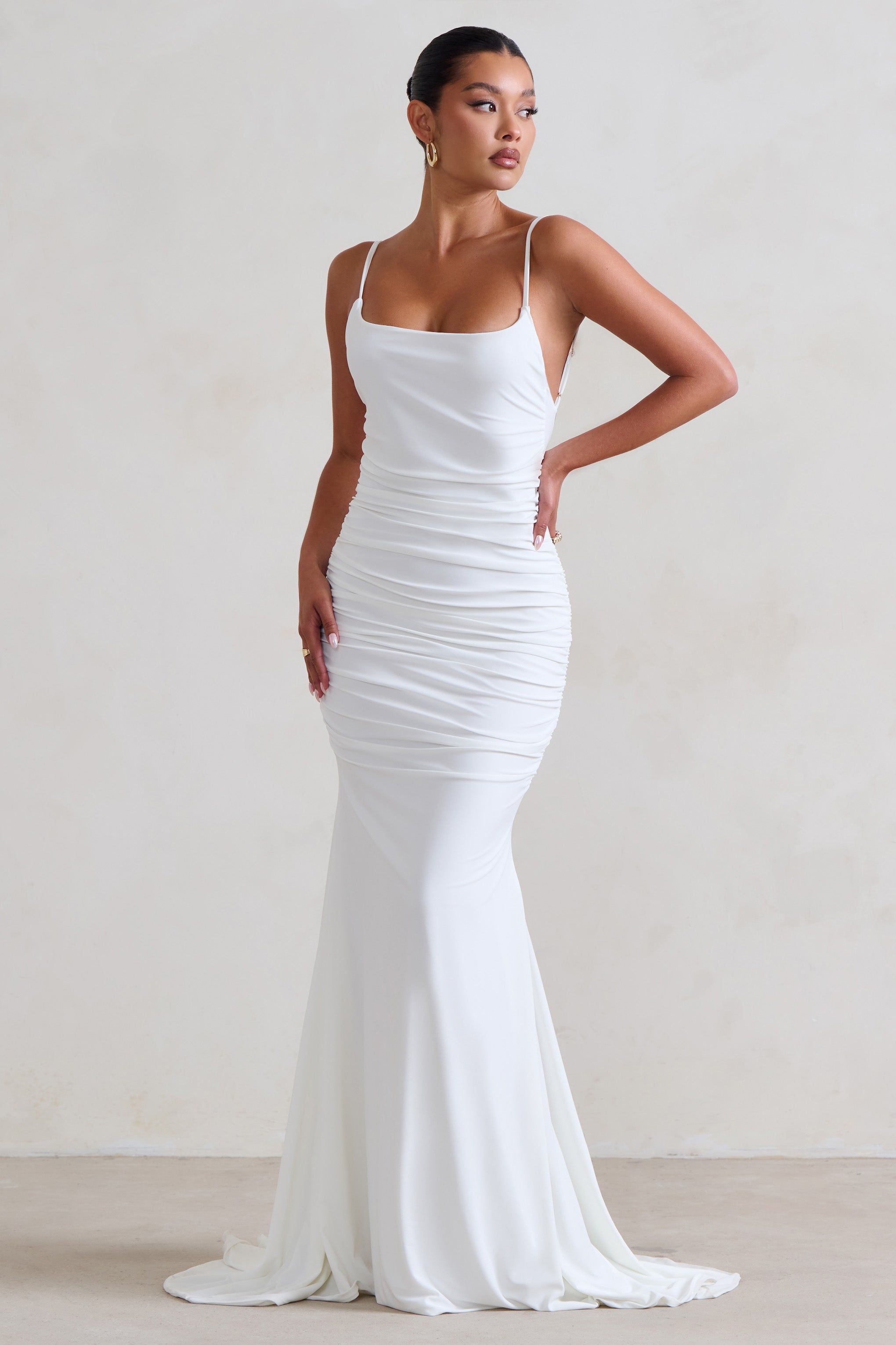Adele | White Ruched Fishtail Cami Maxi Dress sold by Club L London product image thumbnail 4