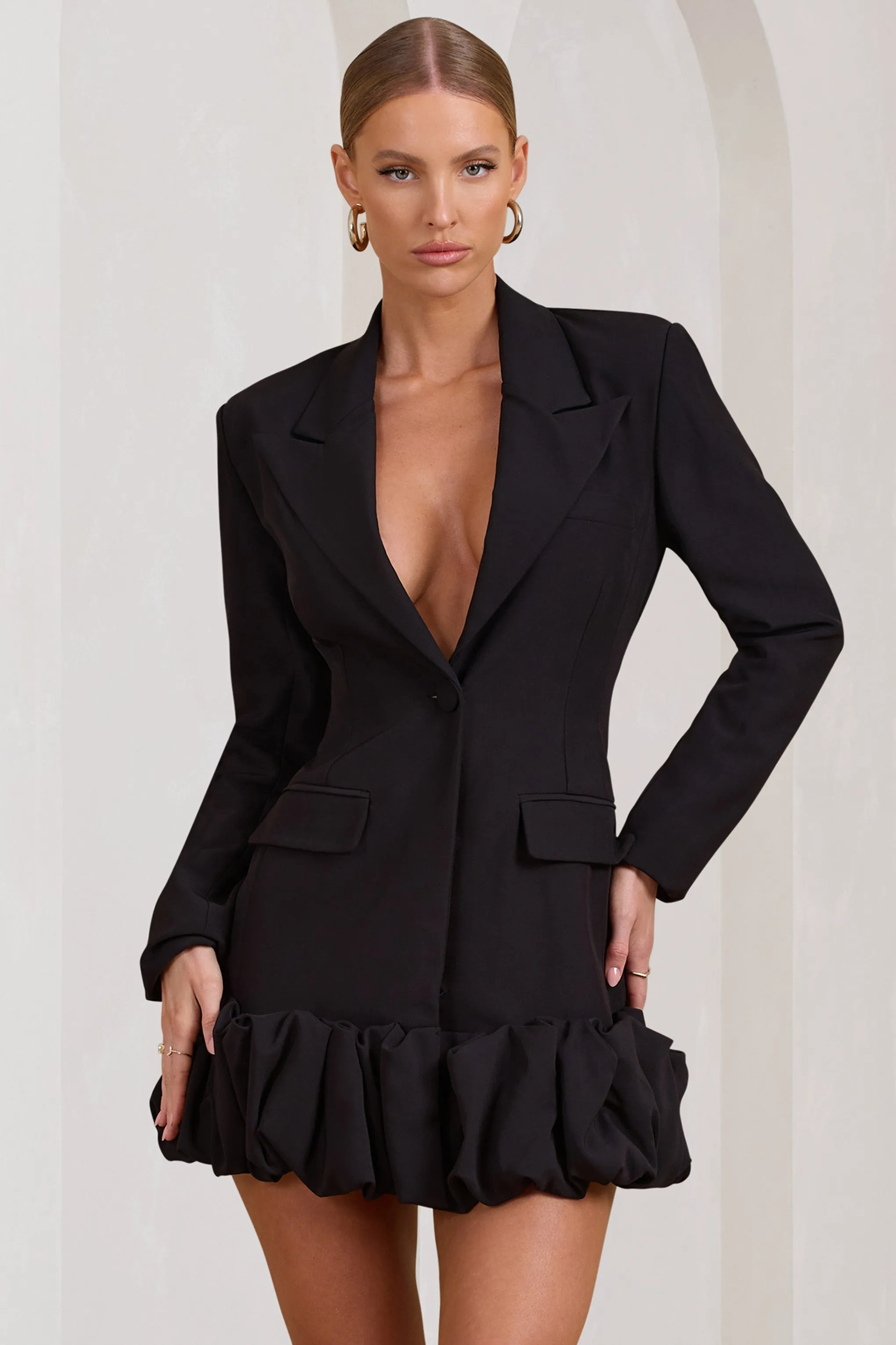 Cloud Catching | Black Tailored Blazer Mini Dress With Ruffled Hem sold by Club L London product image thumbnail 4