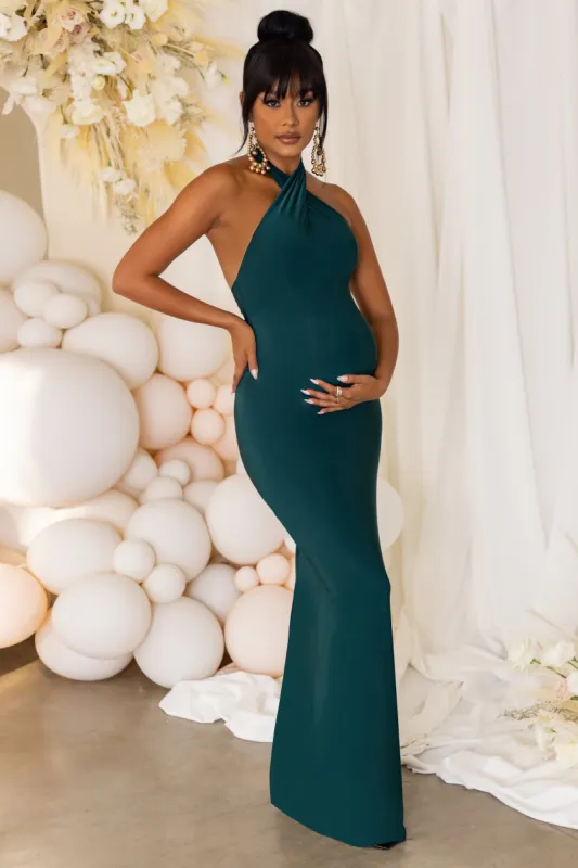 Meet You Soon | Bottle Green Maternity Halterneck Maxi Dress sold by Club L London