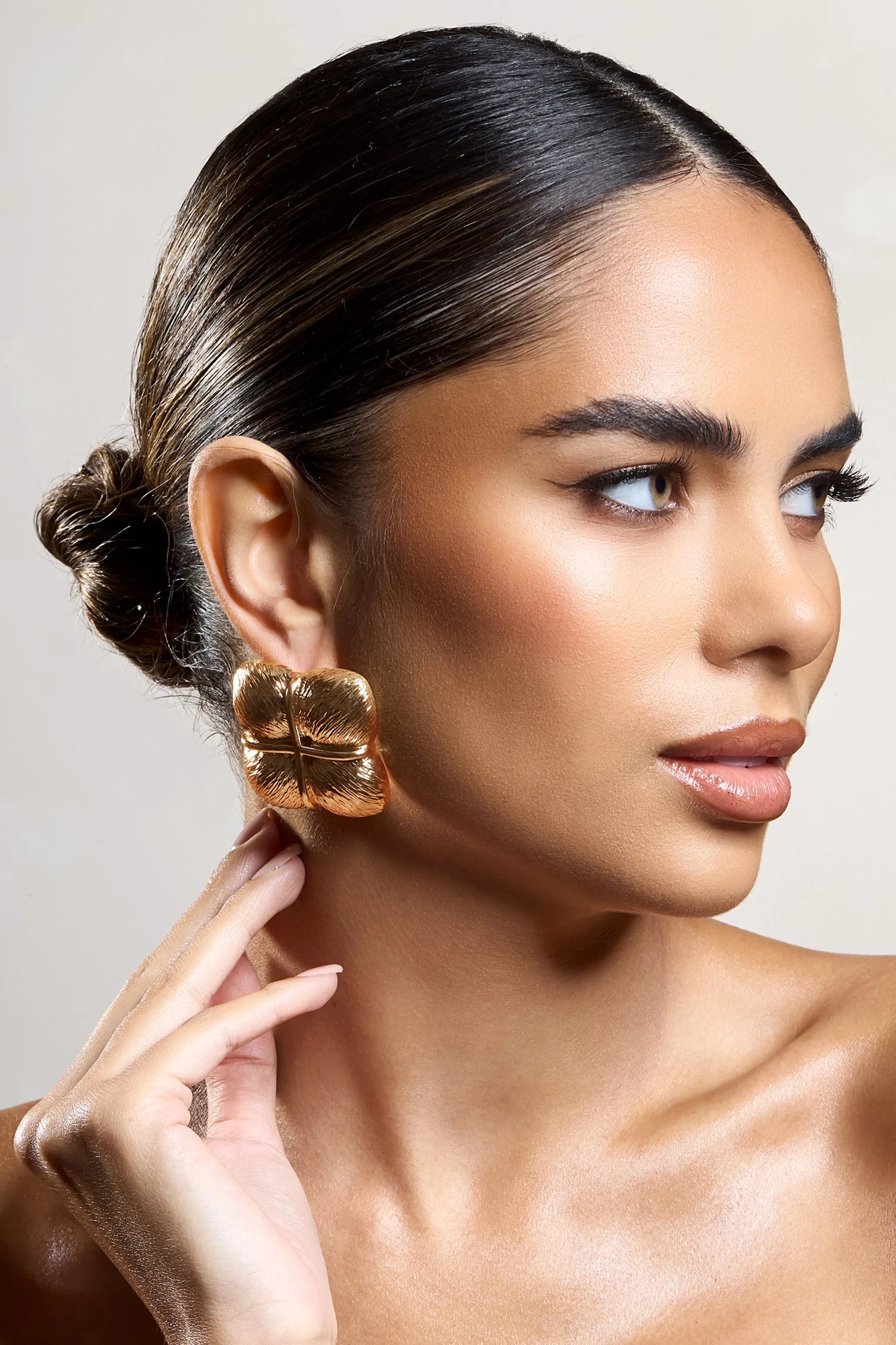Winifred | Gold Textured Square Statement Earrings sold by Club L London product image thumbnail 3