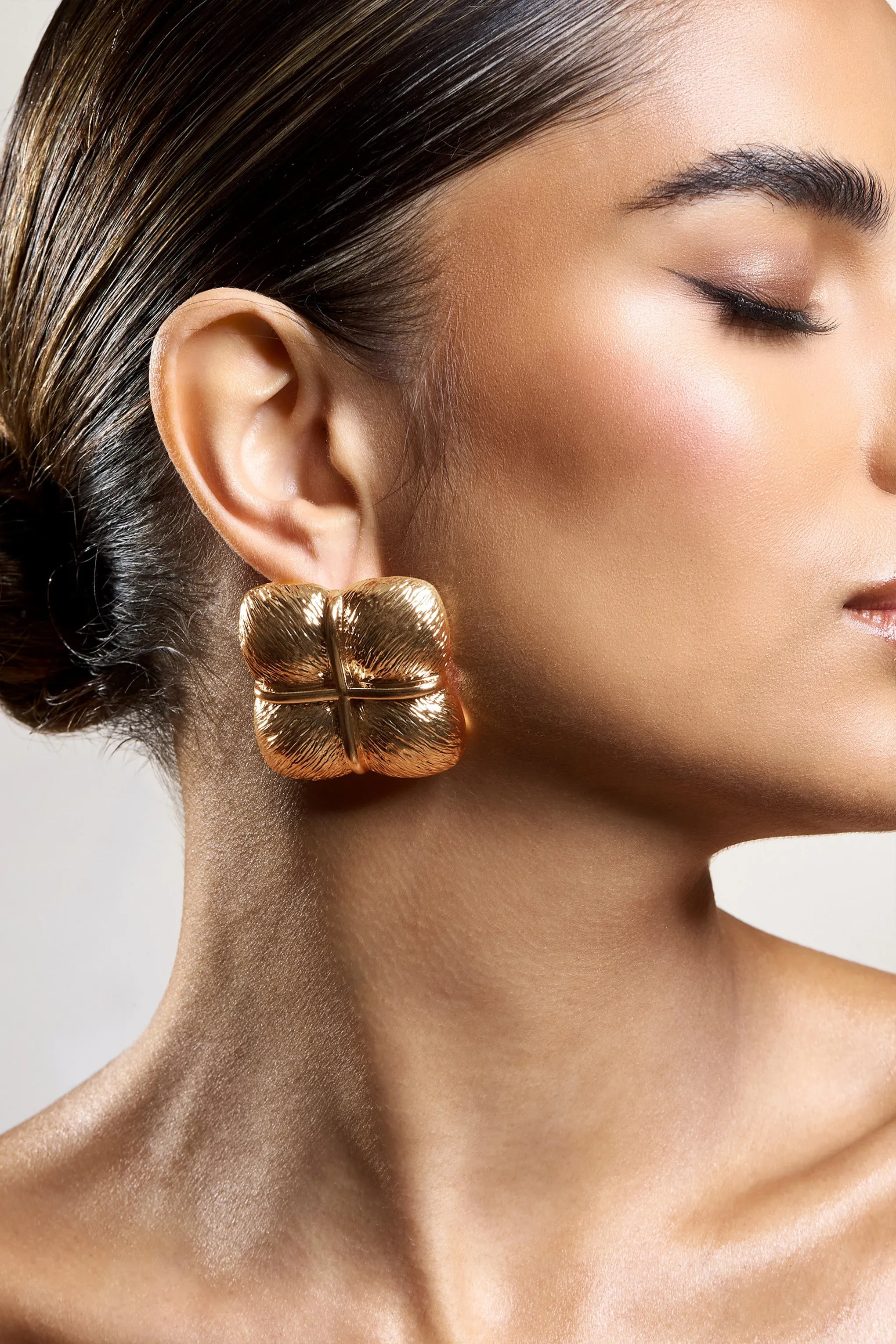 Winifred | Gold Textured Square Statement Earrings sold by Club L London product image thumbnail 4