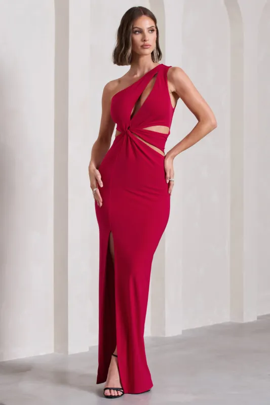 Emmy | Red One Shoulder Cut-Out Split Maxi Dress sold by Club L London