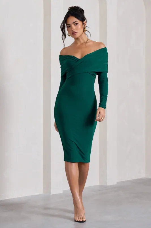 Flatter Me | Bottle Green Twist Front Bardot Midi Dress sold by Club L London