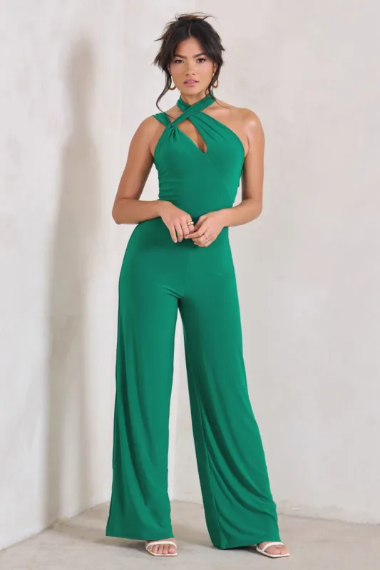 Tilly | Green Cut Out Halterneck Asymmetrical Jumpsuit sold by Club L London