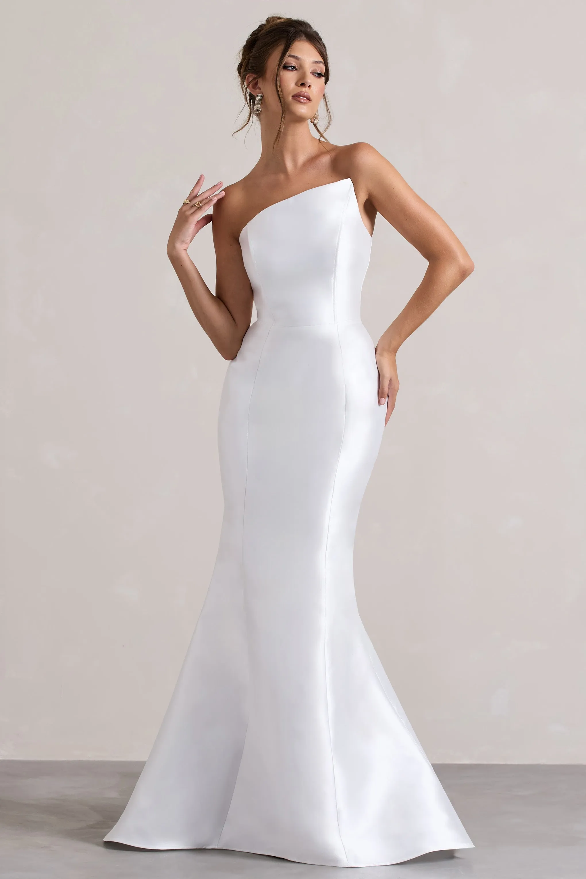 Define | White Satin Asymmetric Fishtail Maxi Dress sold by Club L London