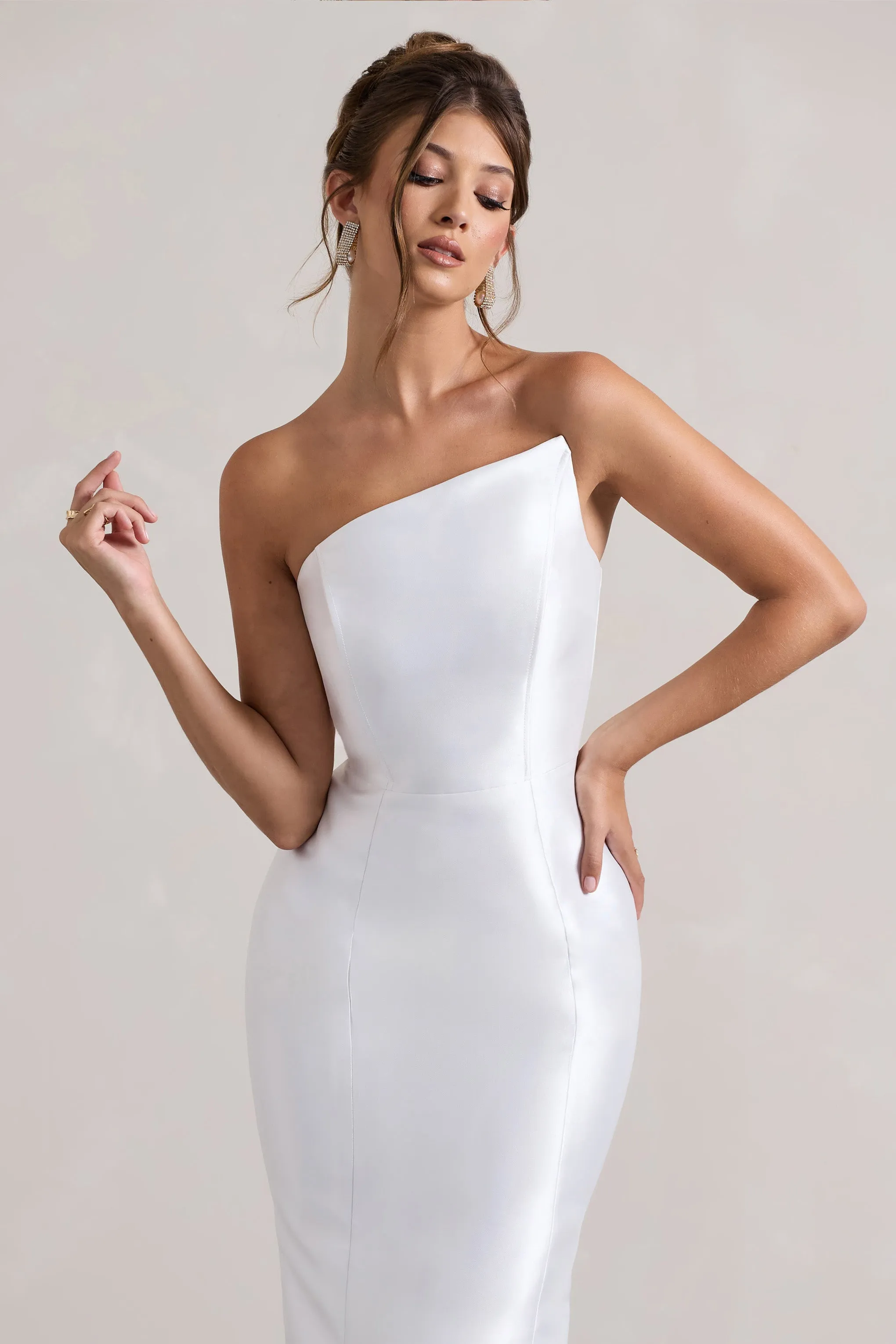 Define | White Satin Asymmetric Fishtail Maxi Dress sold by Club L London product image thumbnail 3