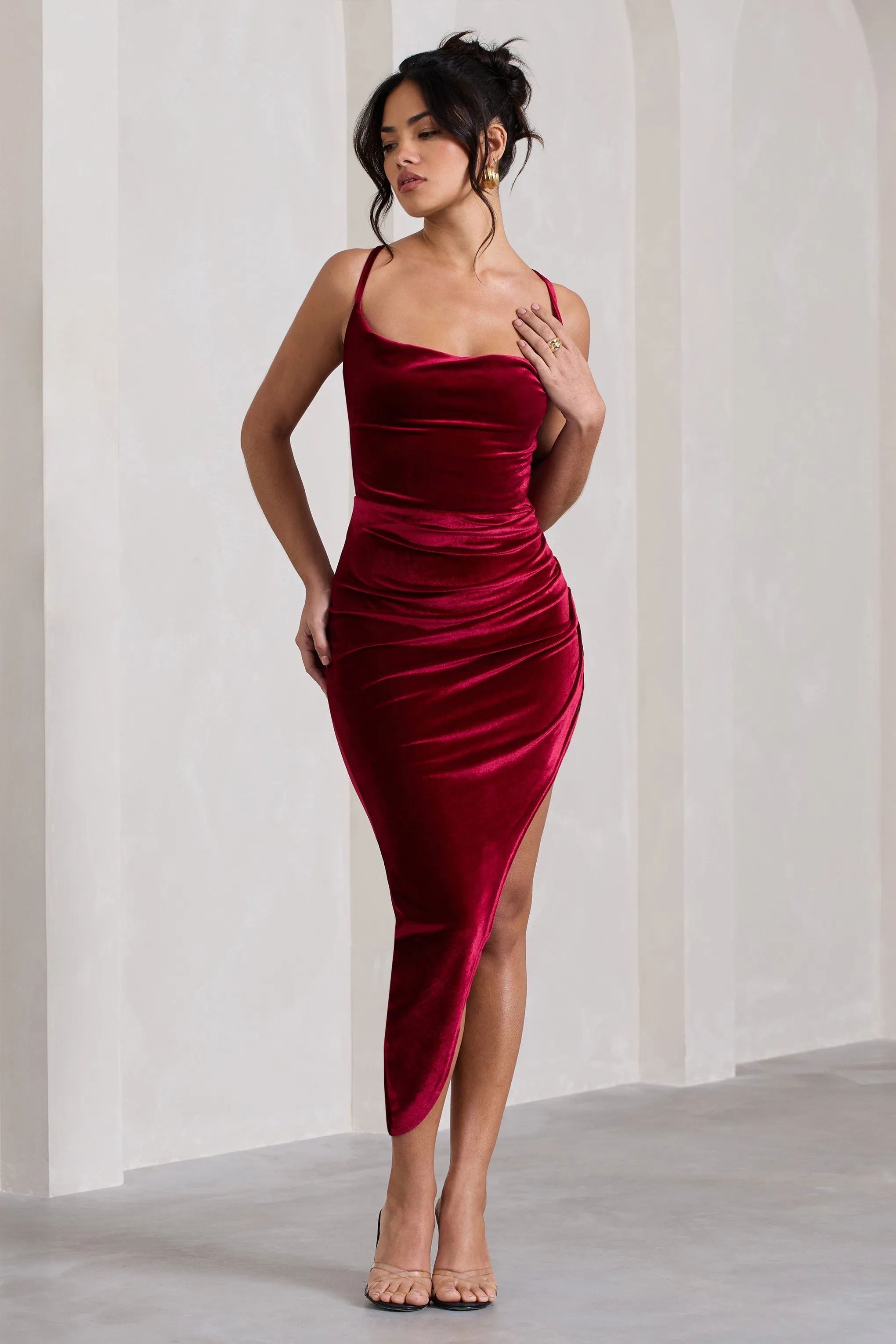 Risk It All | Berry Velvet Cami Cowl Neck Asymmetric Hem Midi Dress sold by Club L London product image thumbnail 4