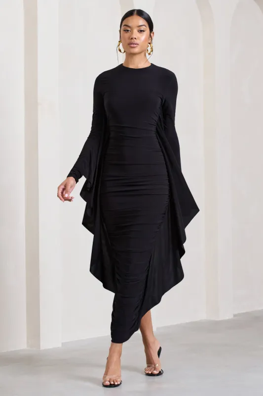 Keva | Black Long Sleeve Ruched Maxi Dress with Cape Detailing sold by Club L London