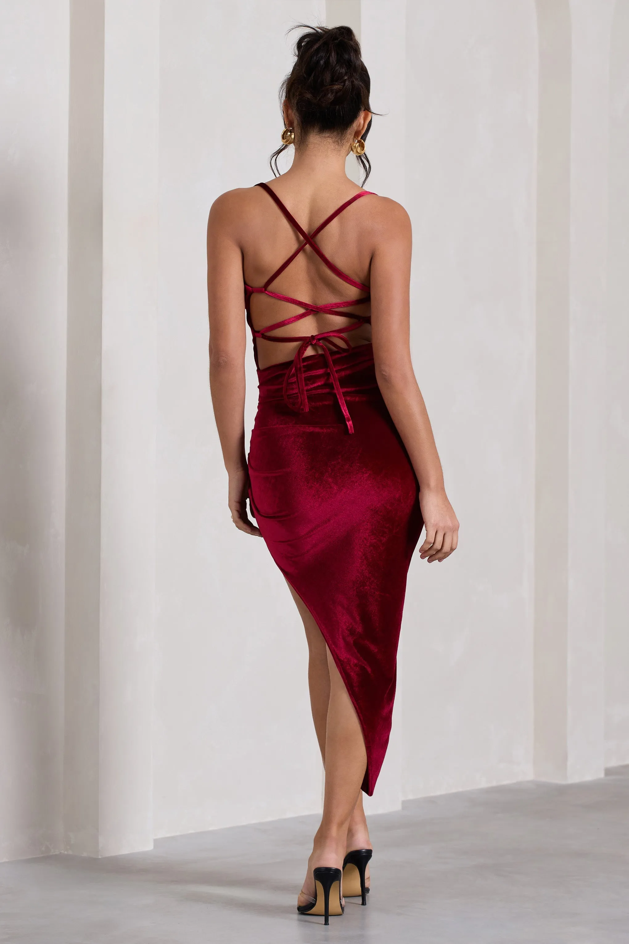 Risk It All | Berry Velvet Cami Cowl Neck Asymmetric Hem Midi Dress sold by Club L London product image thumbnail 2