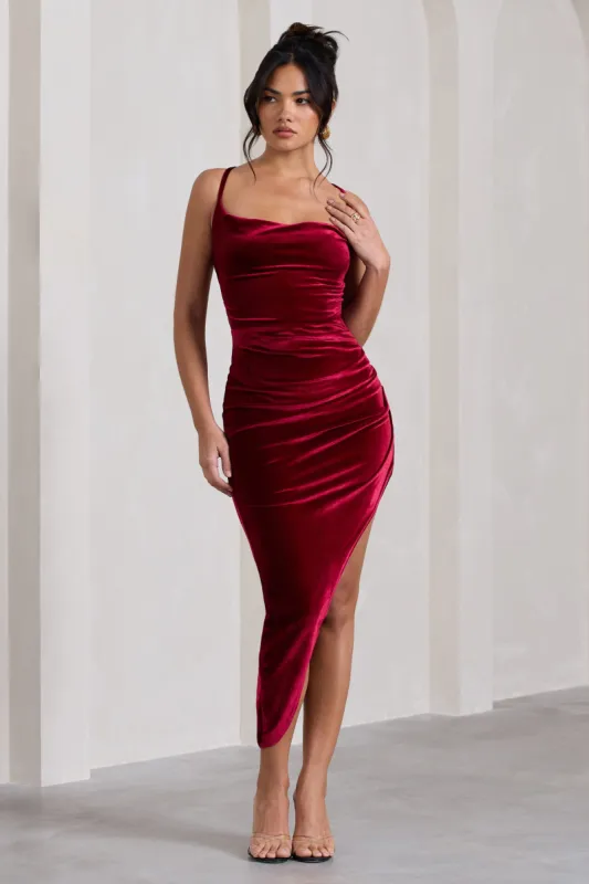 Risk It All | Berry Velvet Cami Cowl Neck Asymmetric Hem Midi Dress sold by Club L London