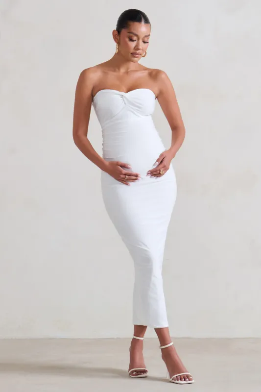 Evita | White Maternity Sweetheart Twist Detail Midi Dress sold by Club L London