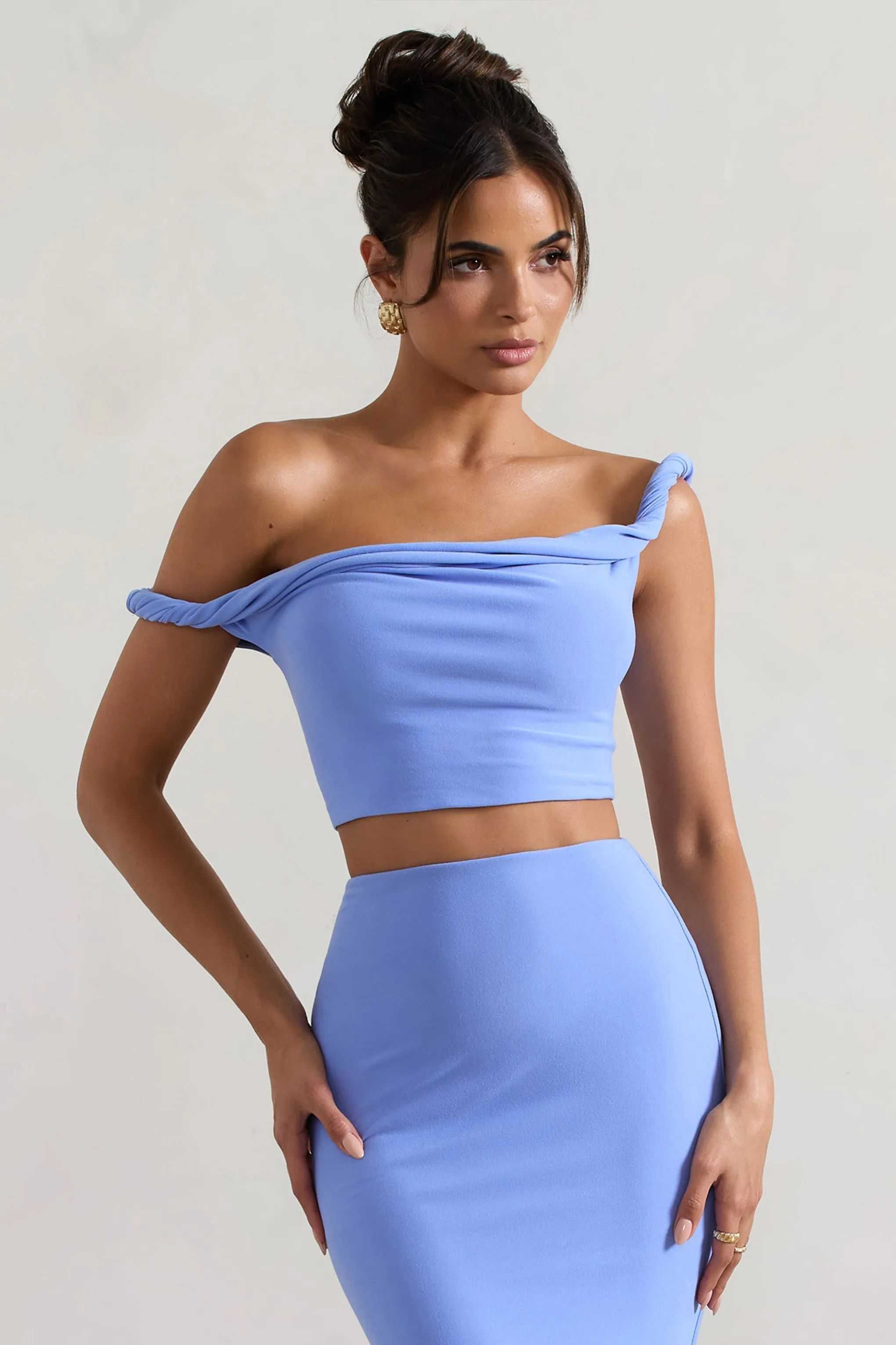 Sami | Blue Twisted Asymmetric Crop Top sold by Club L London product image thumbnail 5