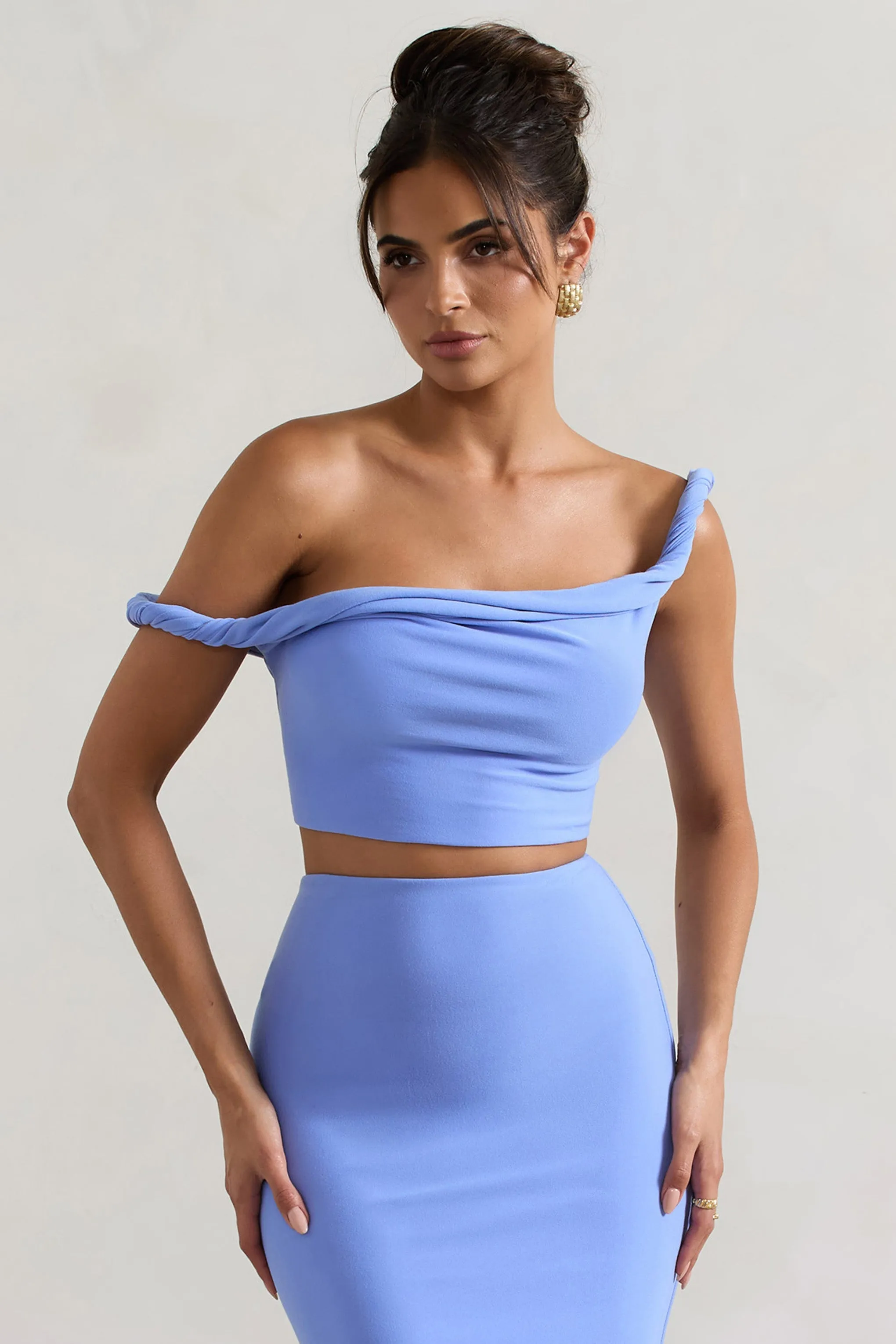 Sami | Blue Twisted Asymmetric Crop Top sold by Club L London