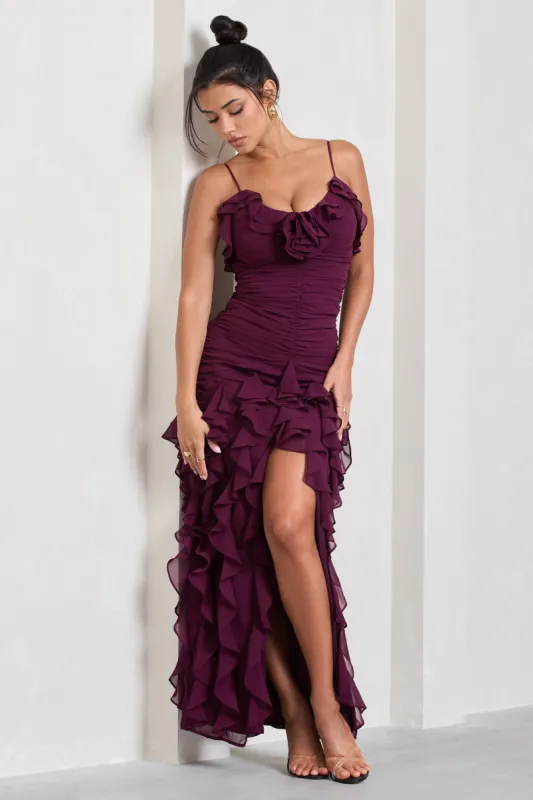Walks Alone | Burgundy Ruched Strappy Split Maxi Dress With Ruffles sold by Club L London
