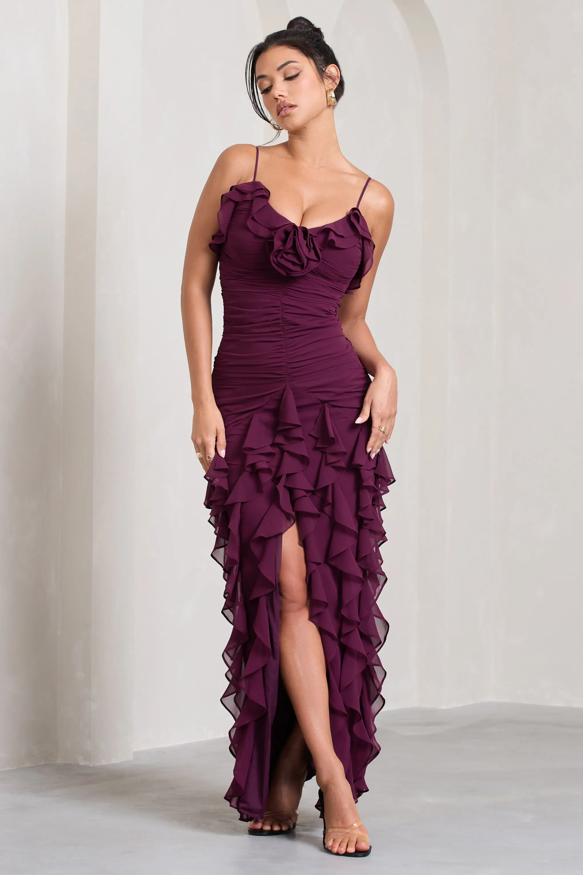Walks Alone | Burgundy Ruched Strappy Split Maxi Dress With Ruffles sold by Club L London product image thumbnail 5