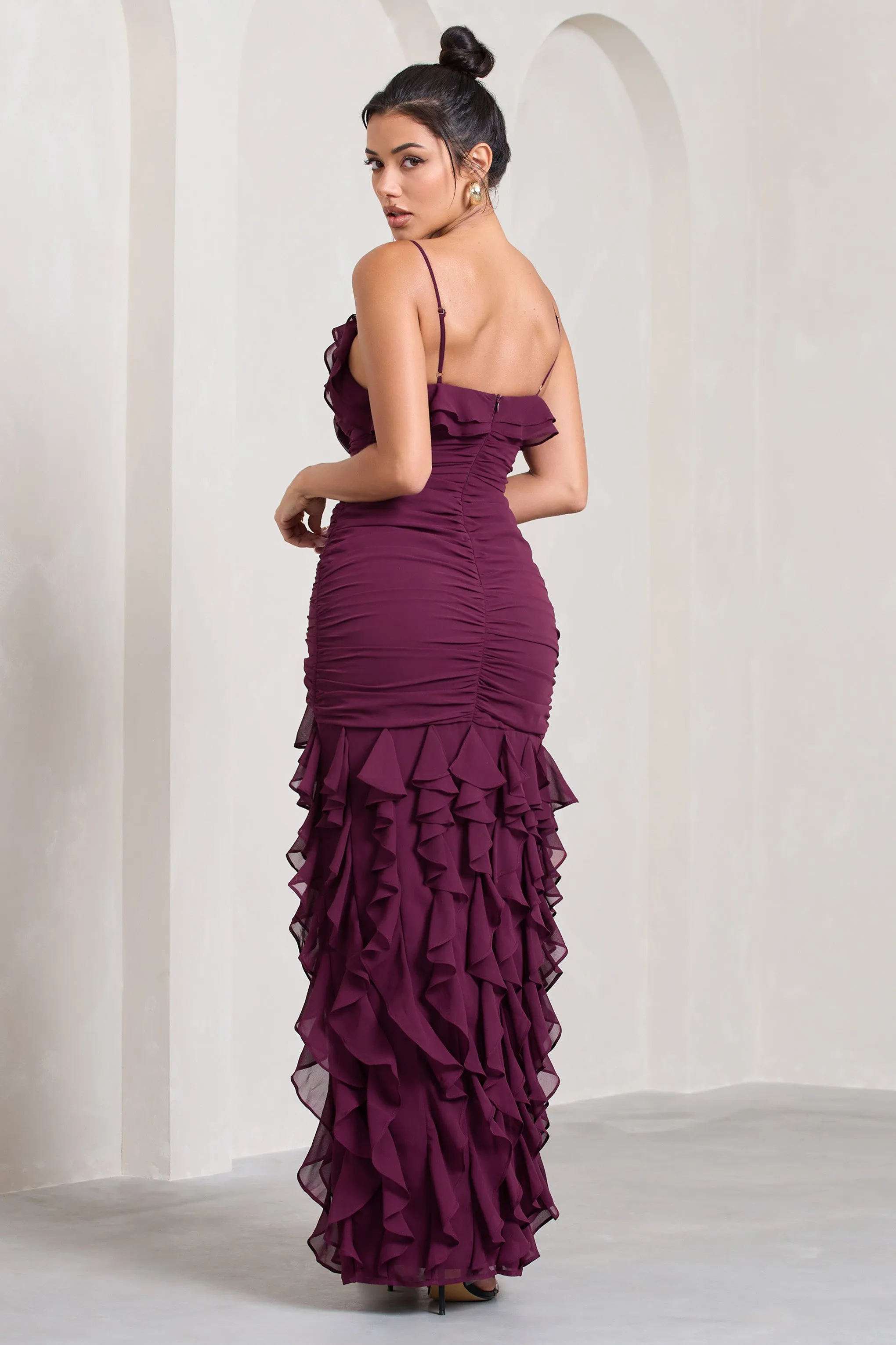 Walks Alone | Burgundy Ruched Strappy Split Maxi Dress With Ruffles sold by Club L London product image thumbnail 2