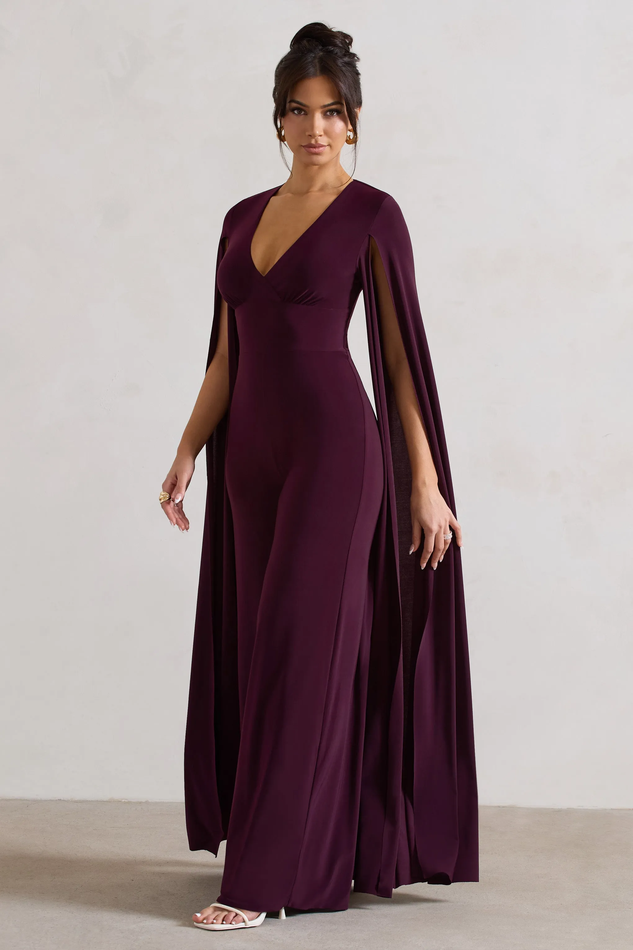 Emmanuela | Plum Plunge-Neck Wide-Leg Jumpsuit With Cape Sleeves sold by Club L London product image thumbnail 3