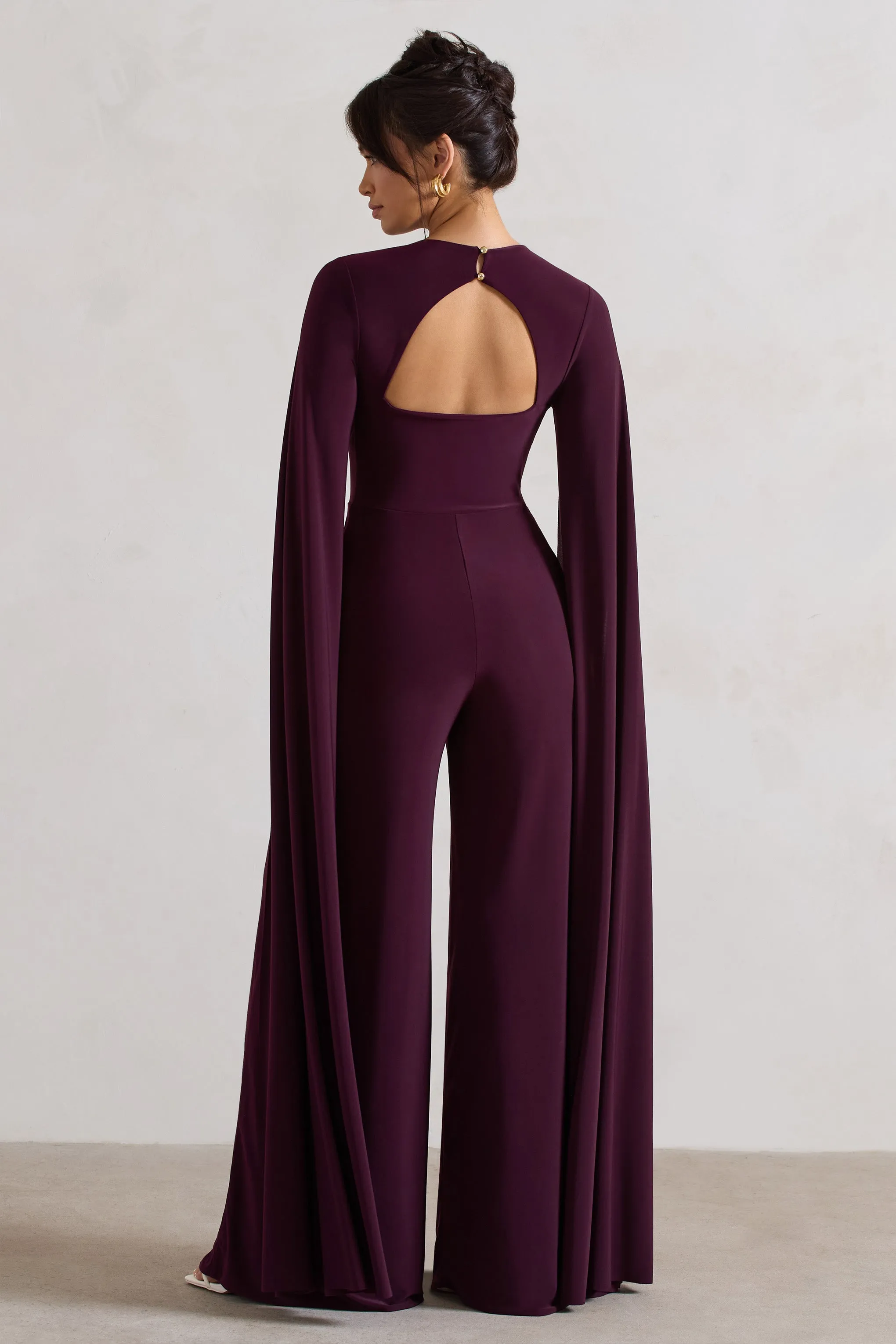 Emmanuela | Plum Plunge-Neck Wide-Leg Jumpsuit With Cape Sleeves sold by Club L London product image thumbnail 2
