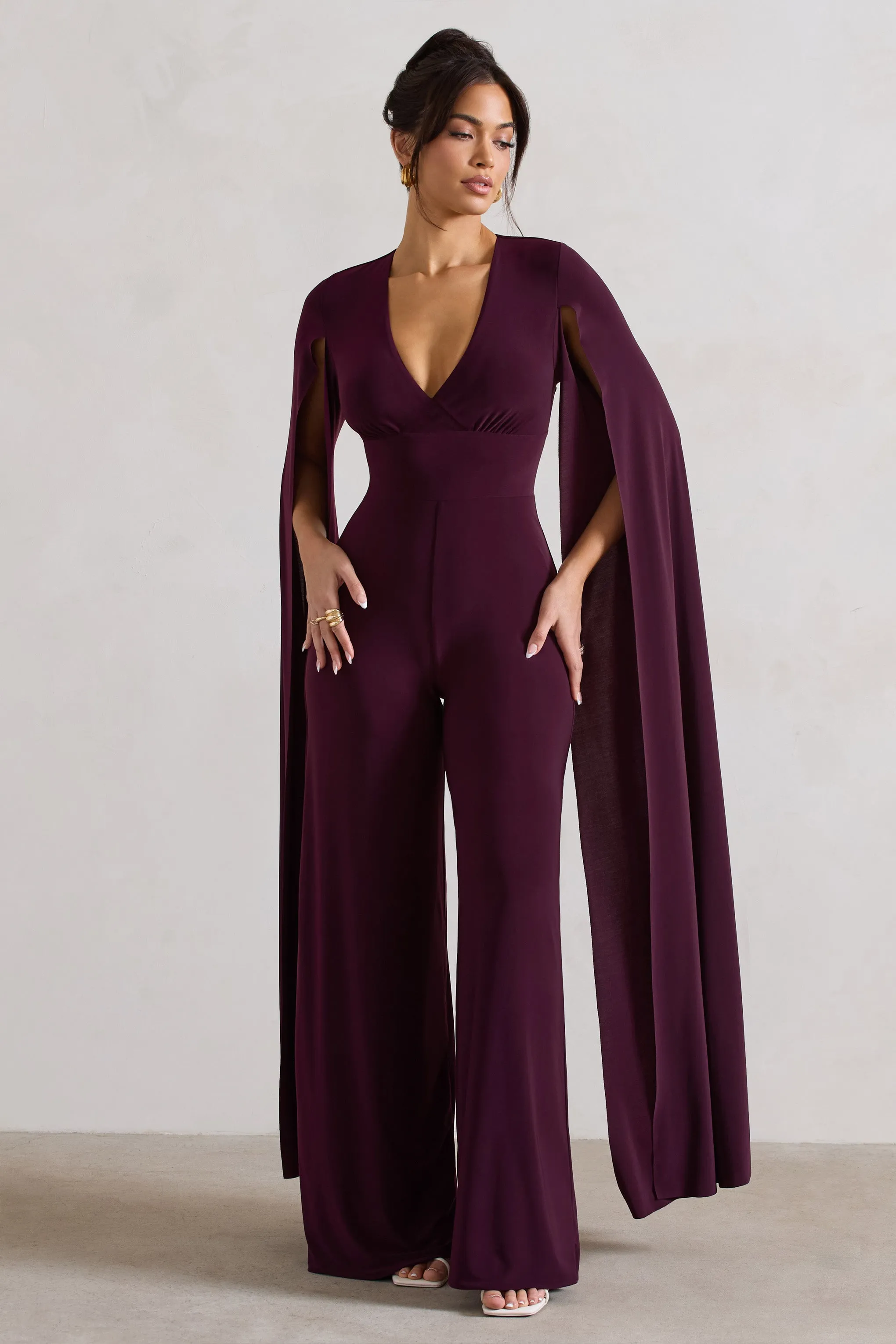 Emmanuela | Plum Plunge-Neck Wide-Leg Jumpsuit With Cape Sleeves sold by Club L London
