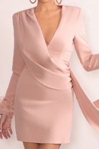 In Your Mind | Pink Plunge Neck Mini Dress With Feather Cuff And Statement Sash sold by Club L London