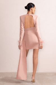 In Your Mind | Pink Plunge Neck Mini Dress With Feather Cuff And Statement Sash sold by Club L London