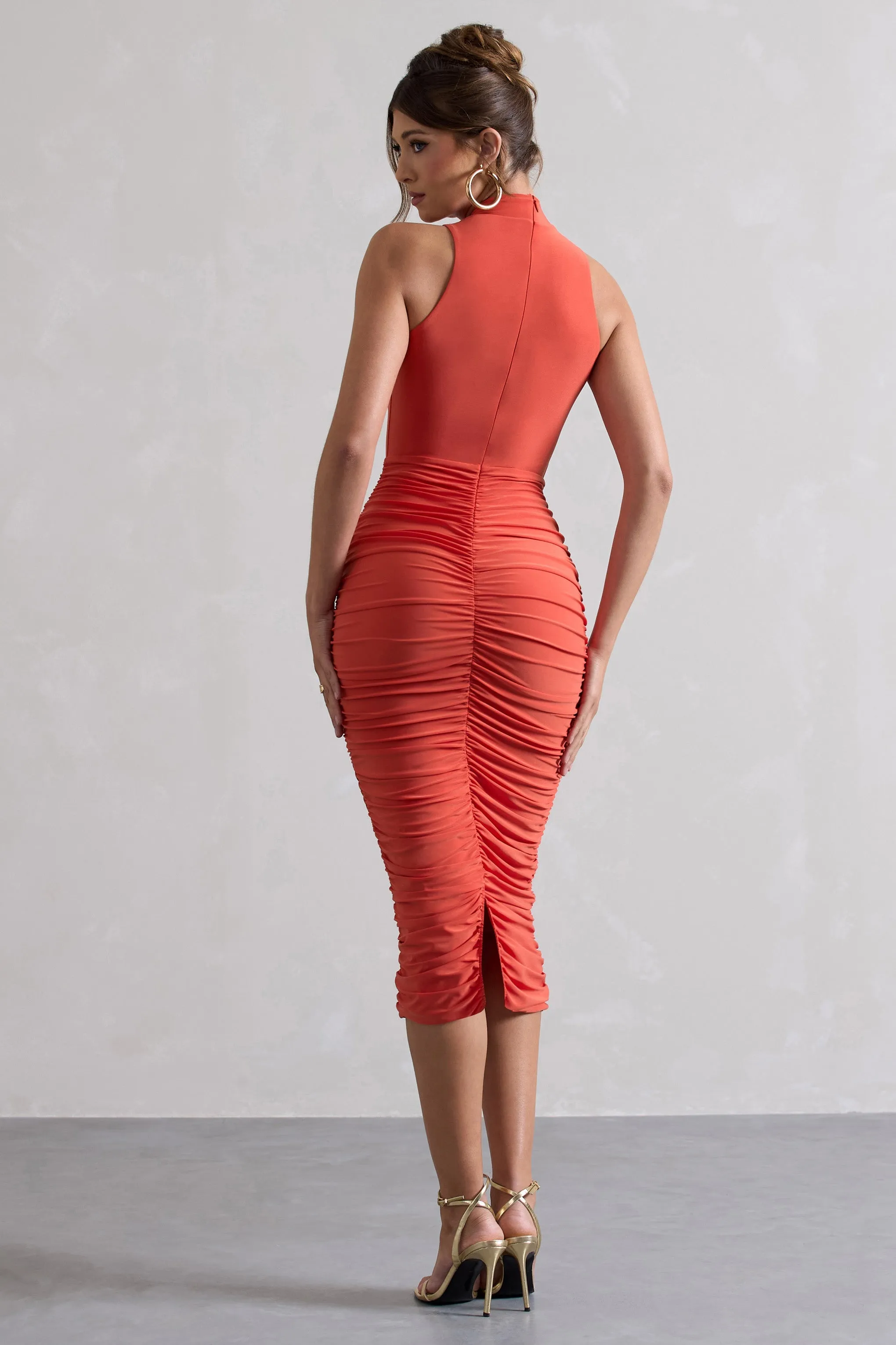 Sidnie | Orange Ruched Bodycon High-Neck Midi Dress sold by Club L London product image thumbnail 2