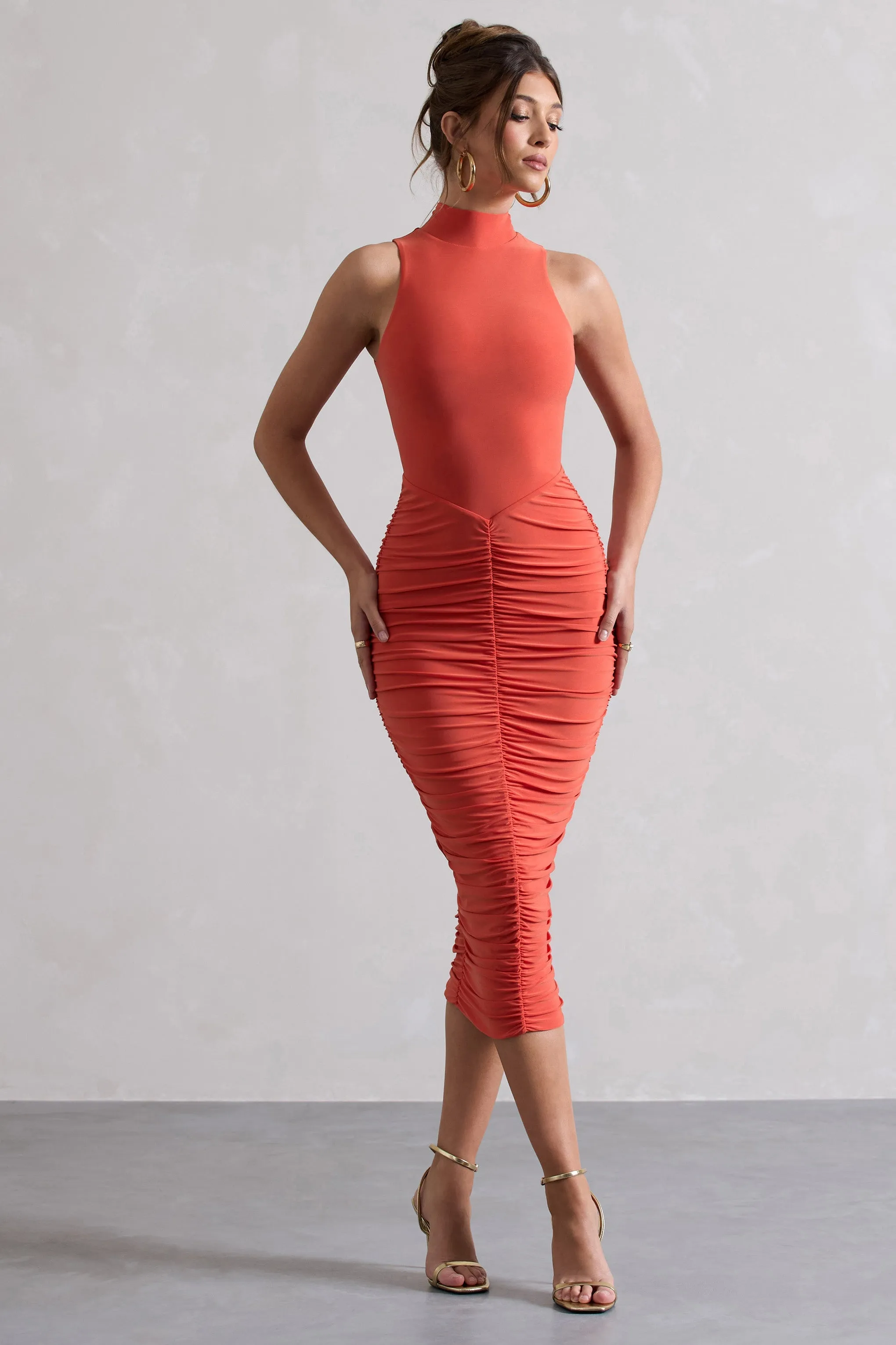 Sidnie | Orange Ruched Bodycon High-Neck Midi Dress sold by Club L London