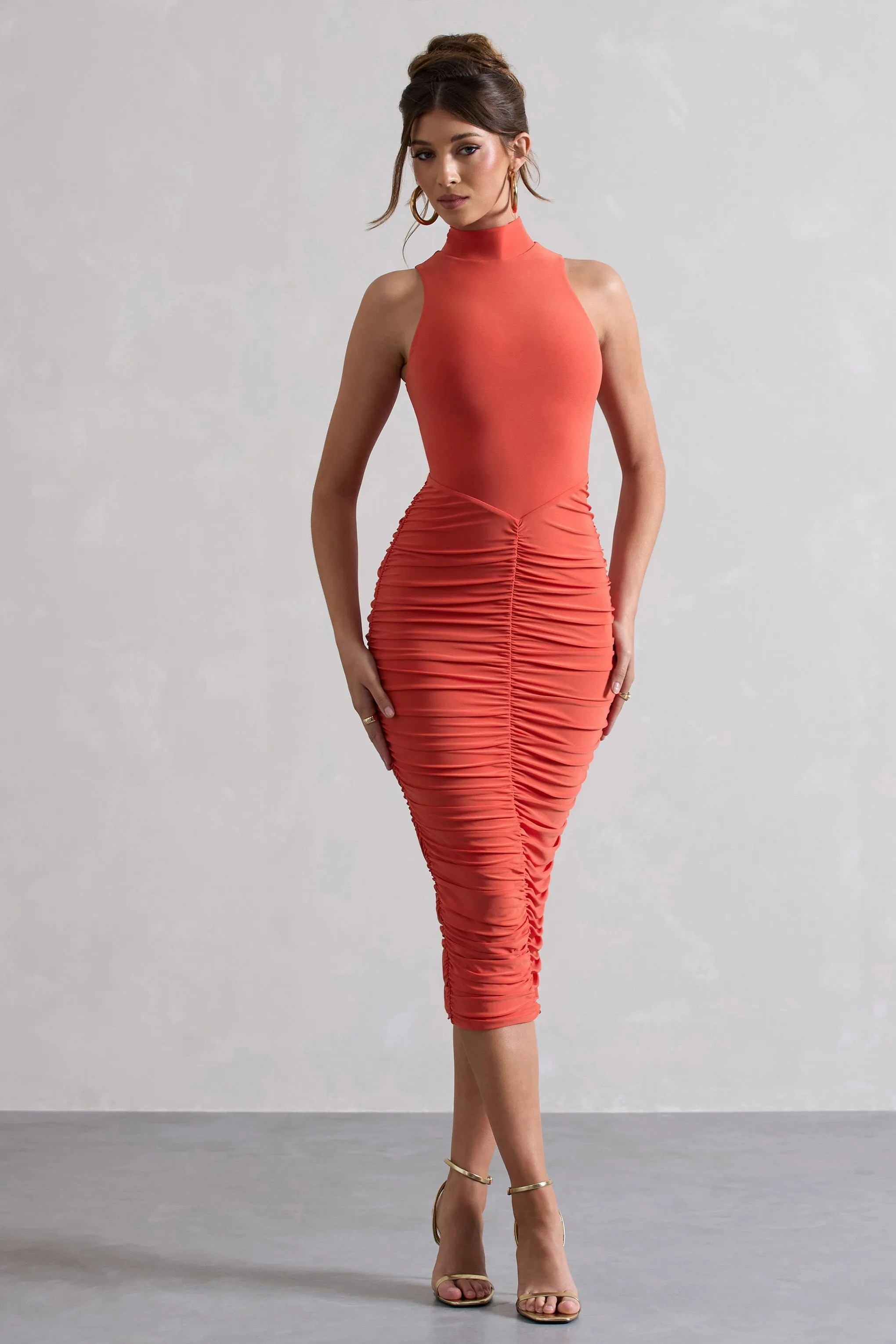 Sidnie | Orange Ruched Bodycon High-Neck Midi Dress sold by Club L London product image thumbnail 4