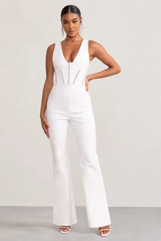 Alison | White Shaped Corset Jumpsuit With Diamante Trim Detail sold by Club L London