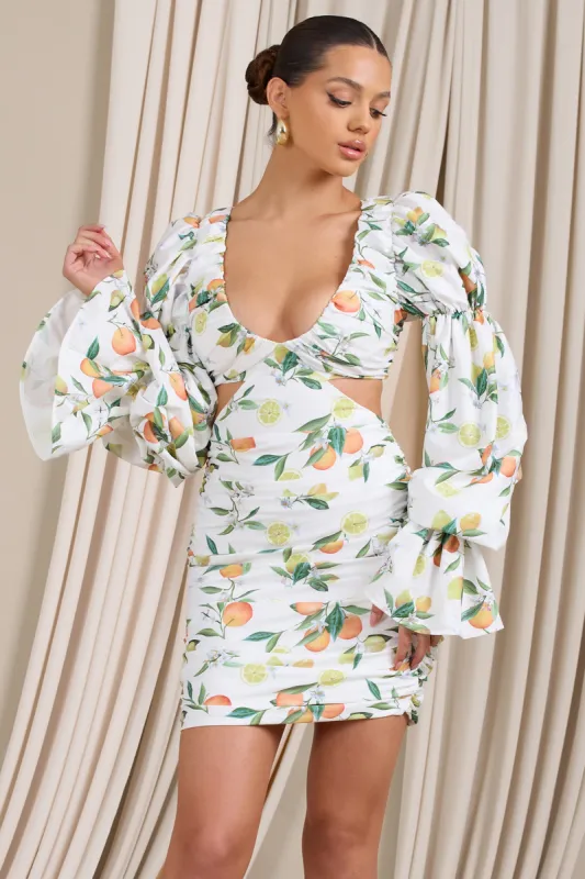 Limoncello | Lemon Print Ruched Cut-Out Mini Dress With Puff Sleeves sold by Club L London