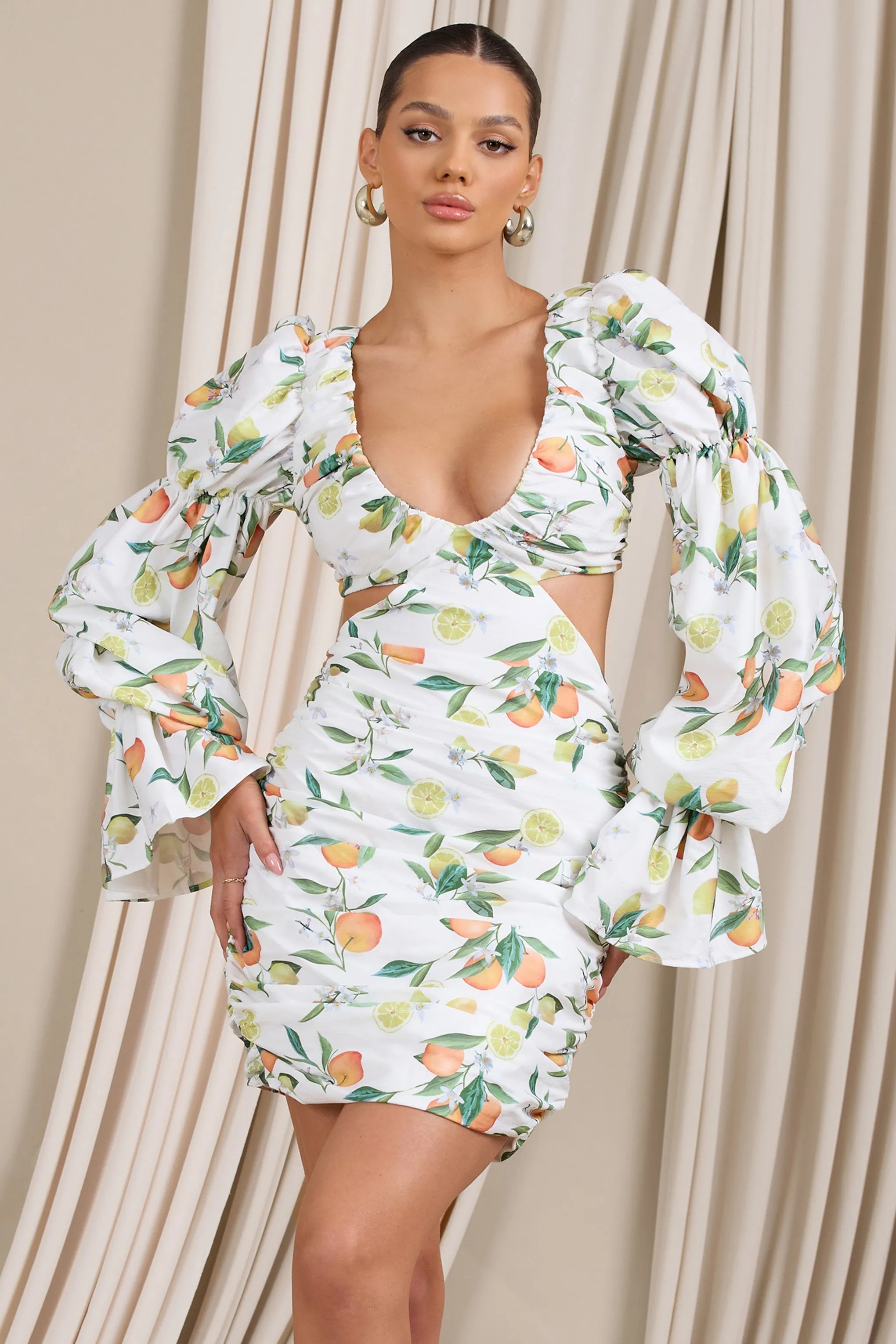 Limoncello | Lemon Print Ruched Cut-Out Mini Dress With Puff Sleeves sold by Club L London product image thumbnail 5