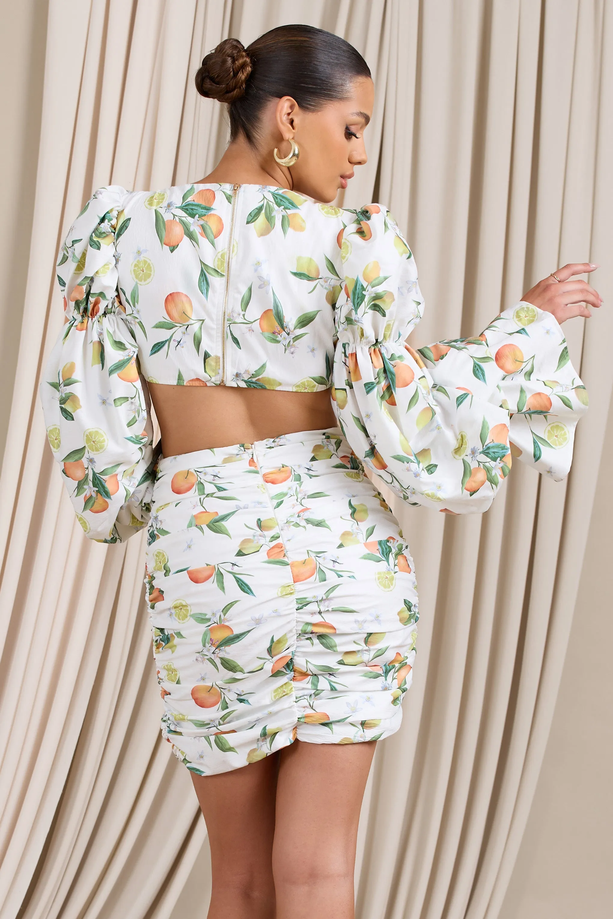 Limoncello | Lemon Print Ruched Cut-Out Mini Dress With Puff Sleeves sold by Club L London product image thumbnail 2