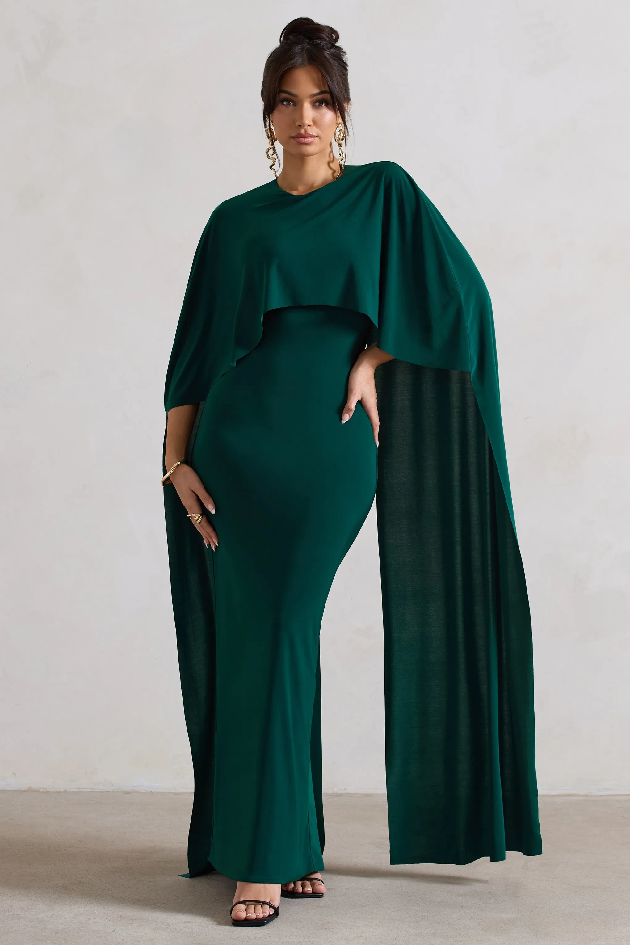 Padma | Bottle Green Draped Maxi Dress With Cape Sleeves sold by Club L London