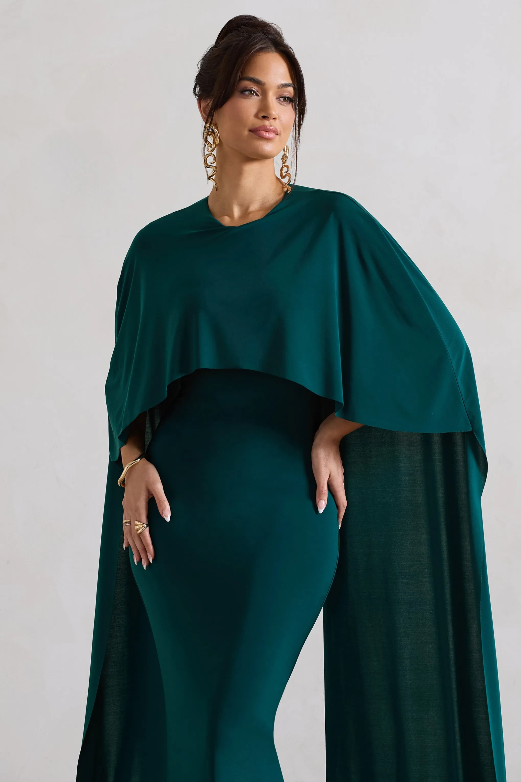 Padma | Bottle Green Draped Maxi Dress With Cape Sleeves sold by Club L London product image thumbnail 3