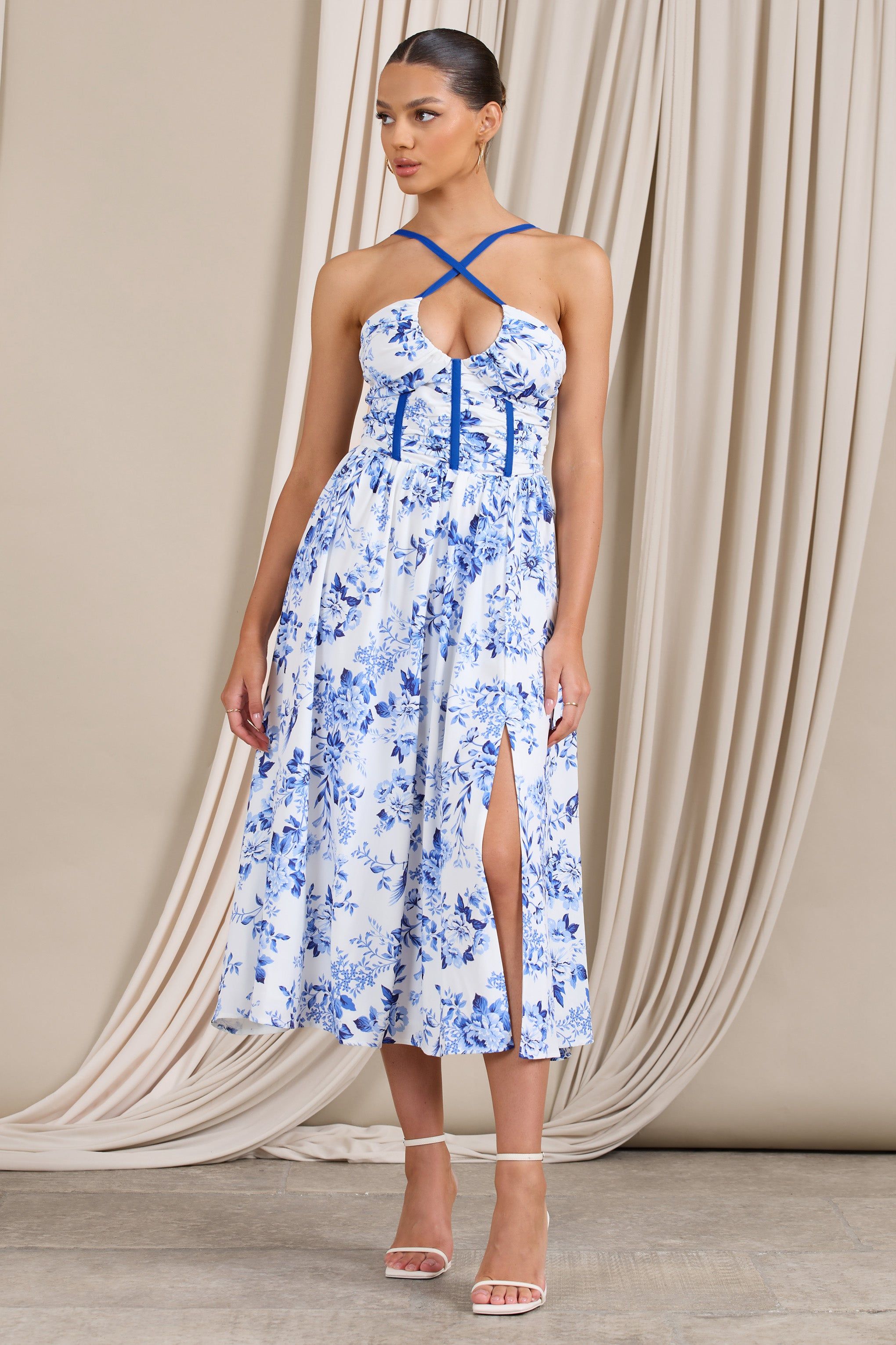 Lady Loren | Blue Floral Ruched Cross-Strap Split Midi Dress | Parallel