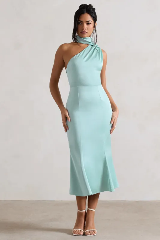 Golden Girl | Mint Satin One Shoulder High-Neck Flared Midi Dress sold by Club L London