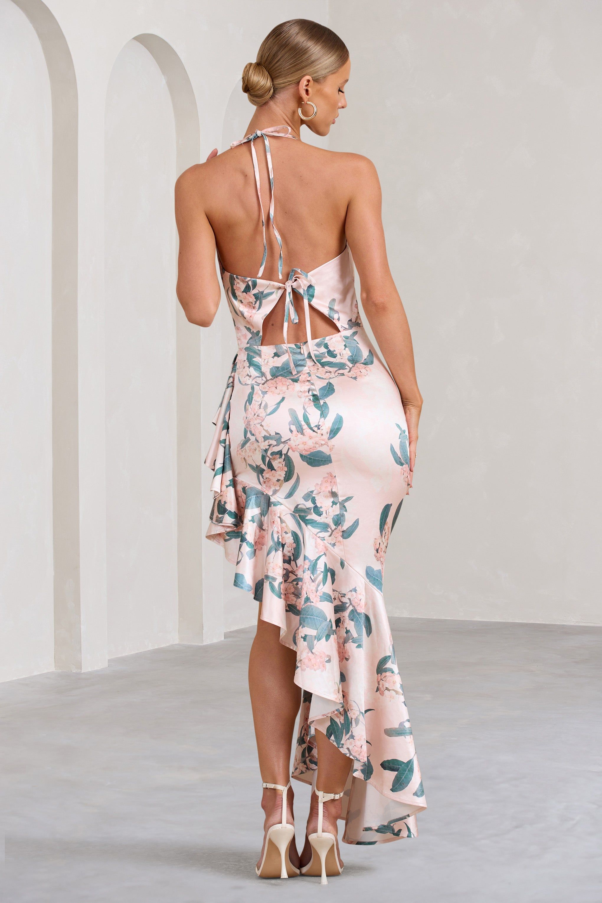 Lady Rosselini | Pink Floral Strappy Asymmetric Ruffled Maxi Dress sold by Club L London product image thumbnail 2