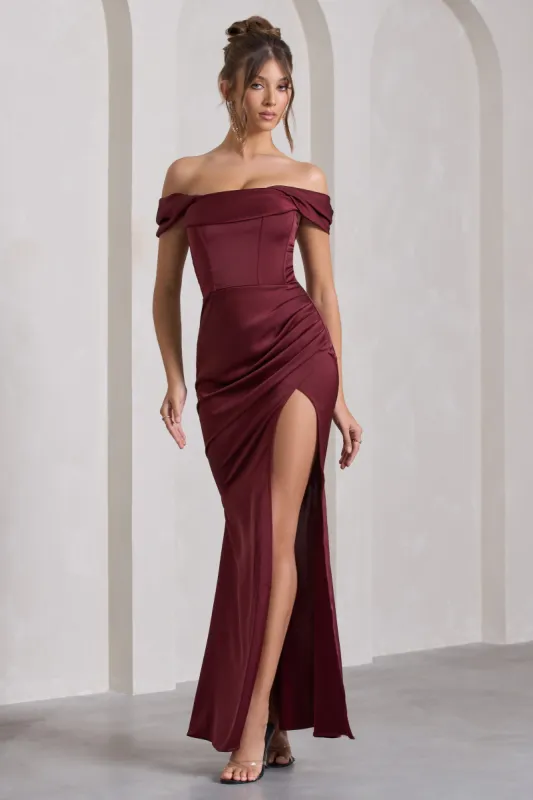 Kimberly | Burgundy Bardot Fishtail Satin Maxi Dress sold by Club L London